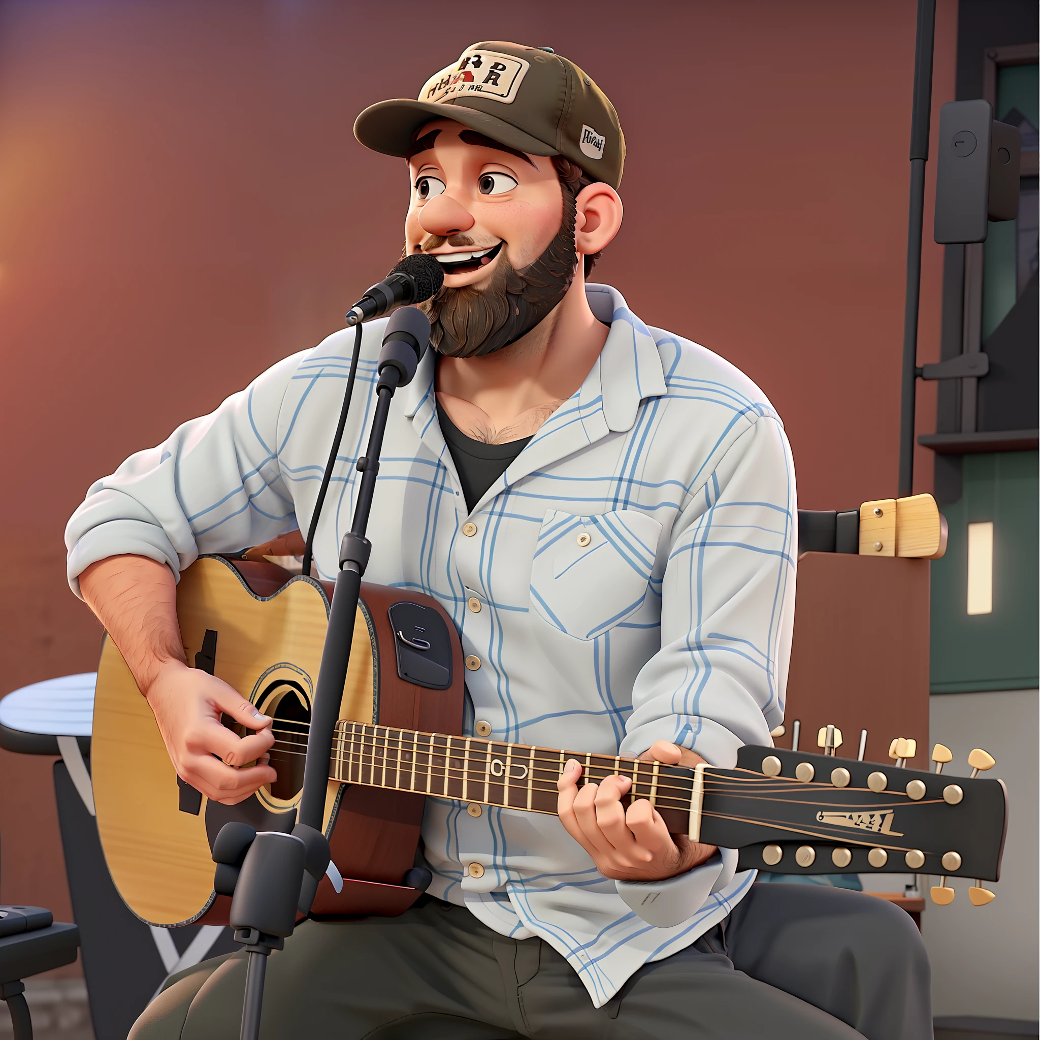 A man with a beard and a cap singing and playing guitar on a stage with the surrounding audience in the style of Pixar animation