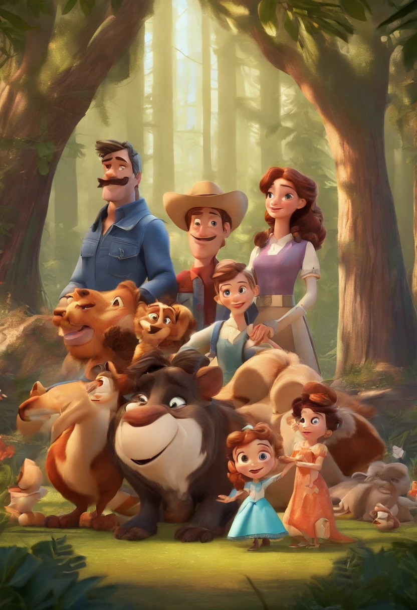 A Disney Pixar-style family in the woods on a sunny day, alta qualidade