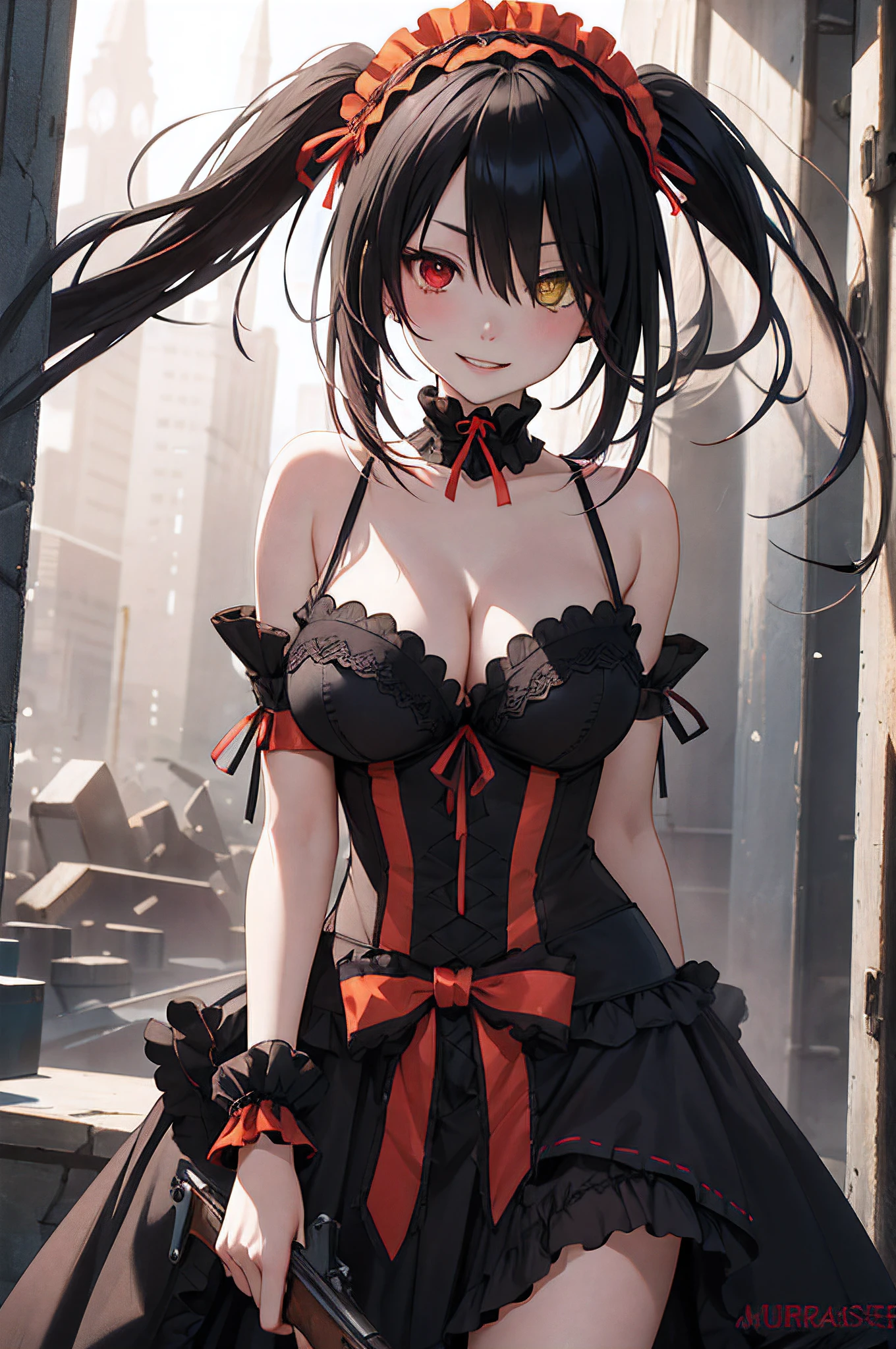 (masterpiece, best quality, high resolution:1.3), a stunning depiction featuring Kurumi, a woman with long twintails adorned with a hairband, showcasing the charm of heterochromia. Her attire exudes a gothic elegance with a black choker, red ribbon, and a captivating red dress complemented by a bow and detached sleeves. The bare shoulders add a touch of allure, emphasizing her big breasts and cleavage. Kurumi holds a weapon, a gun, adding a dynamic element to the scene. The outdoor setting enhances the overall composition, creating a visually striking contrast. Kurumi's smile adds a subtle layer of complexity, creating a masterpiece that combines aesthetic allure with a hint of mystery:1.3).