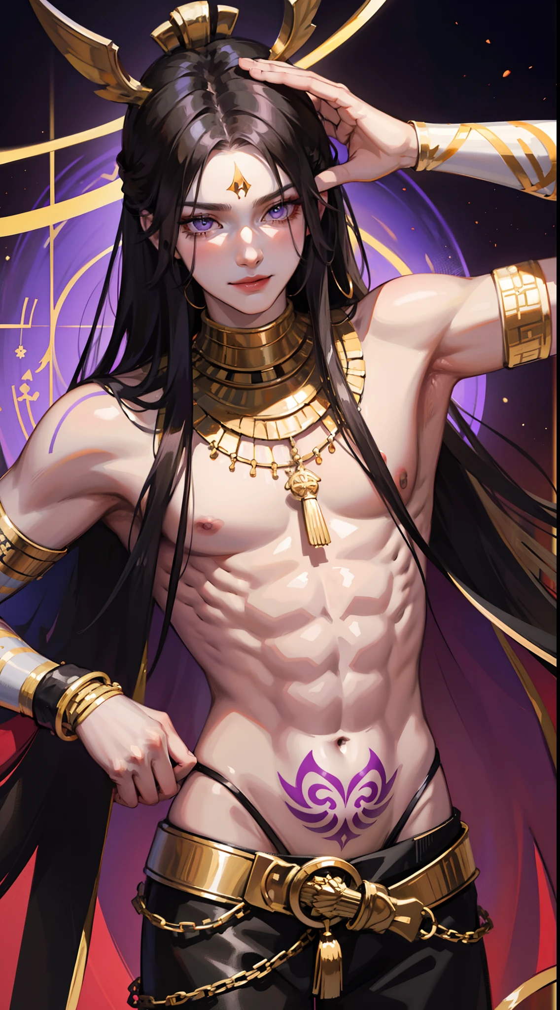 Young guy, Long black hair, purple strands, violet eyes, smirk, tattoo, pharaoh, Egyptian Prince, Anubis, open torso, musculature, Masterpiece, hiquality, 4k, HD, Good detail