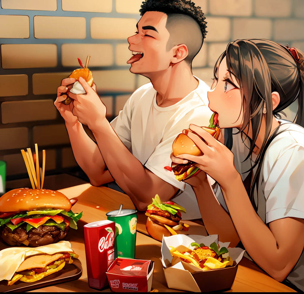 There are two people sitting at a table eating a sandwich, eating burgers, Junta de fast food real, Mukbang, fast food, hamburgers and soda, Directed by: David Ruby, serving burgers, ❤🔥🍄🌪, Directed by: Nandor Soldier, parece realista, eating a burger, people inside eating meals, realmente realista, imagem de perfil, fast food review