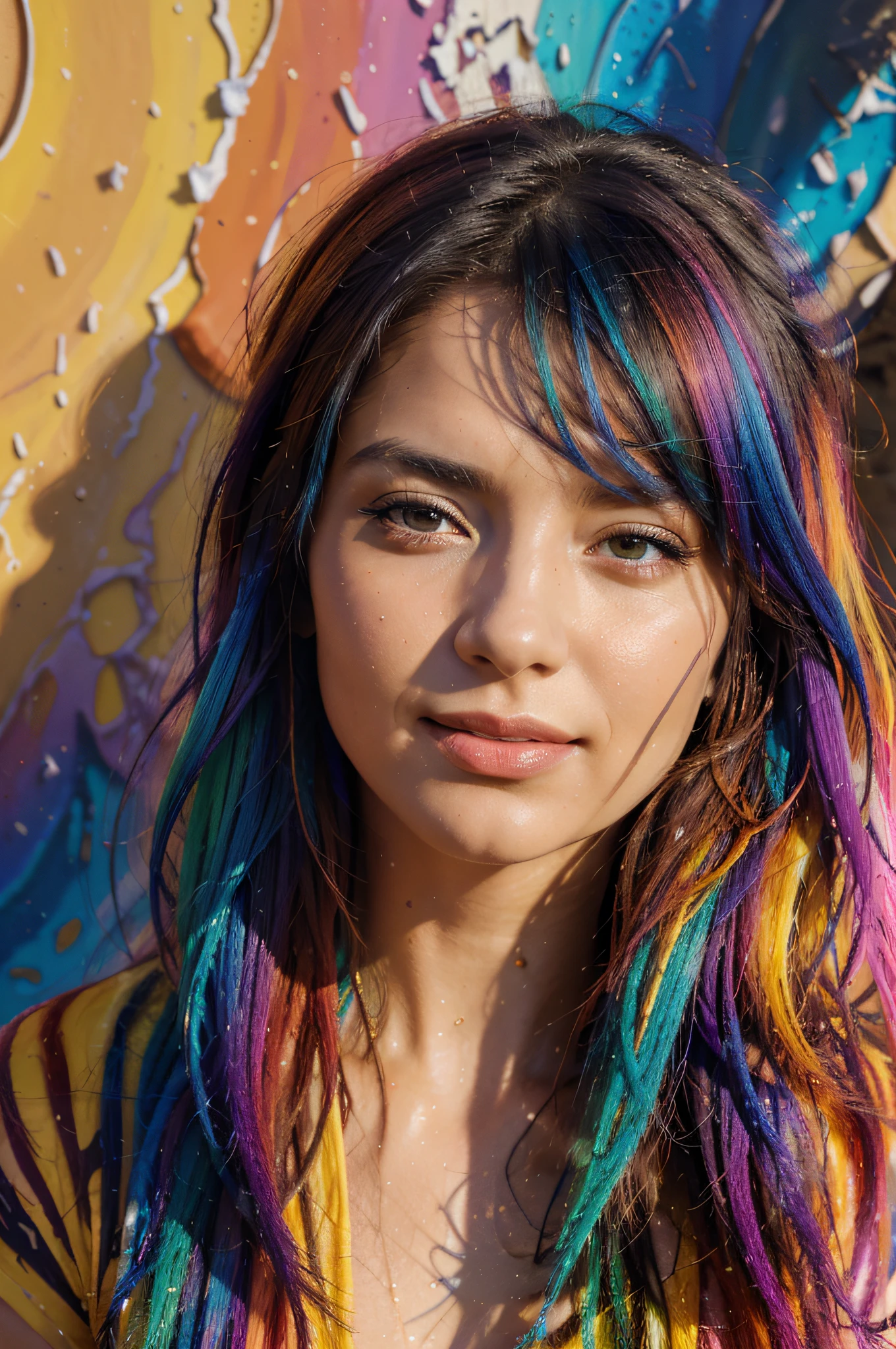 (masterpiece), best quality, a stunning woman in a beautiful wide smile with colorful hair and colorful fluids flowing down from the top of her head, iridescent, imaginative realism, vibrant colors hyper realism, beautiful acrylic fluid portrait, Art by Alessandro Pautasso, colorful hyperrealism, beautiful colorful art!, dripping with colors, beautiful digital art, complex and intense oil paint, colorful art, inspired by Sandra Chevrier, vibrant and realistic colors. natural lighting, global illumination, complex, incredibly detailed, ultra realistic, vray tracking, DSLR, 8k