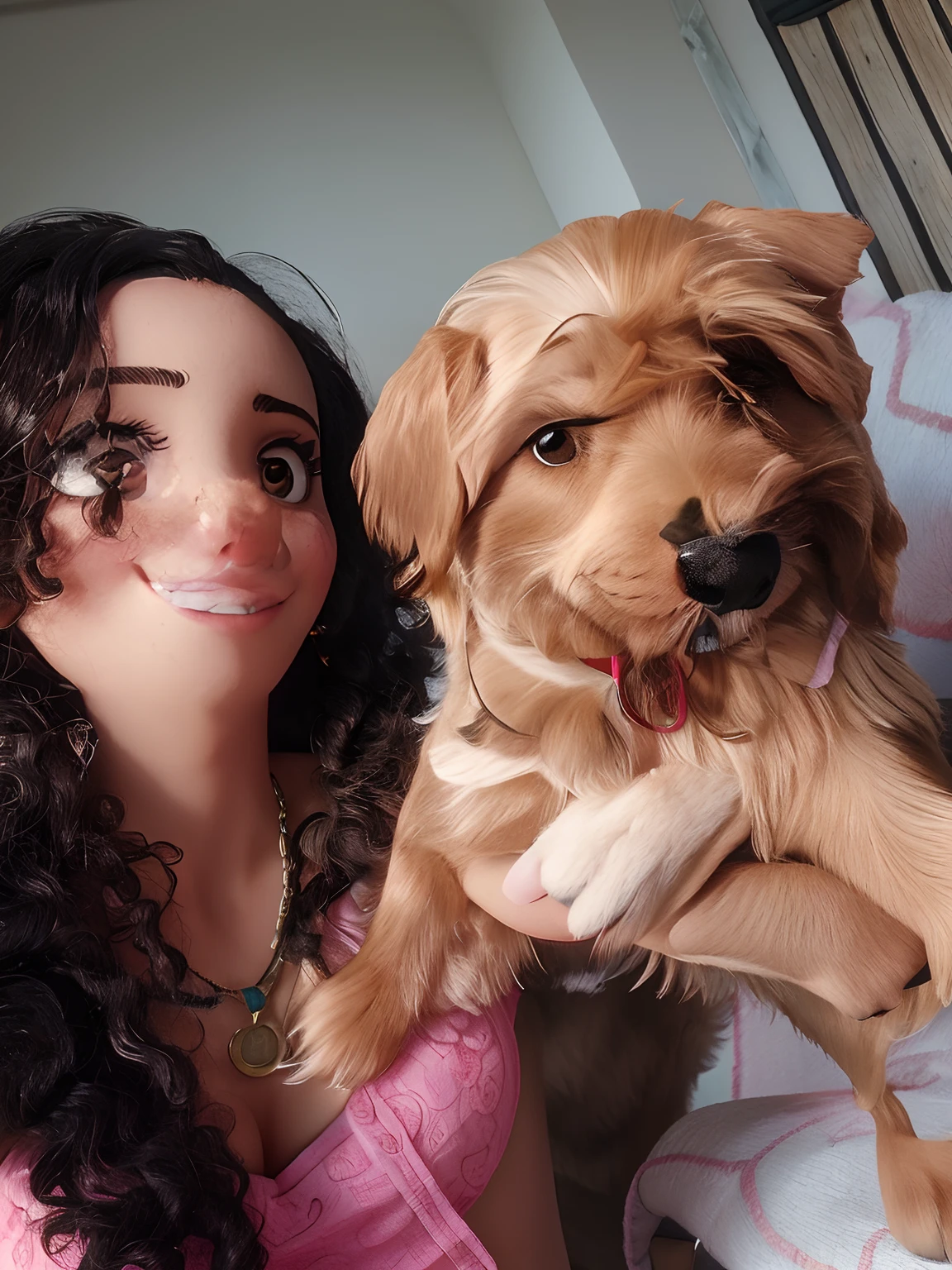 Uma jovem mulher e um cachorro, a mulher sorrindo, Friendly Yorkshire puppy, mulher morena brasileira, mulher com cabelos cacheados pretos