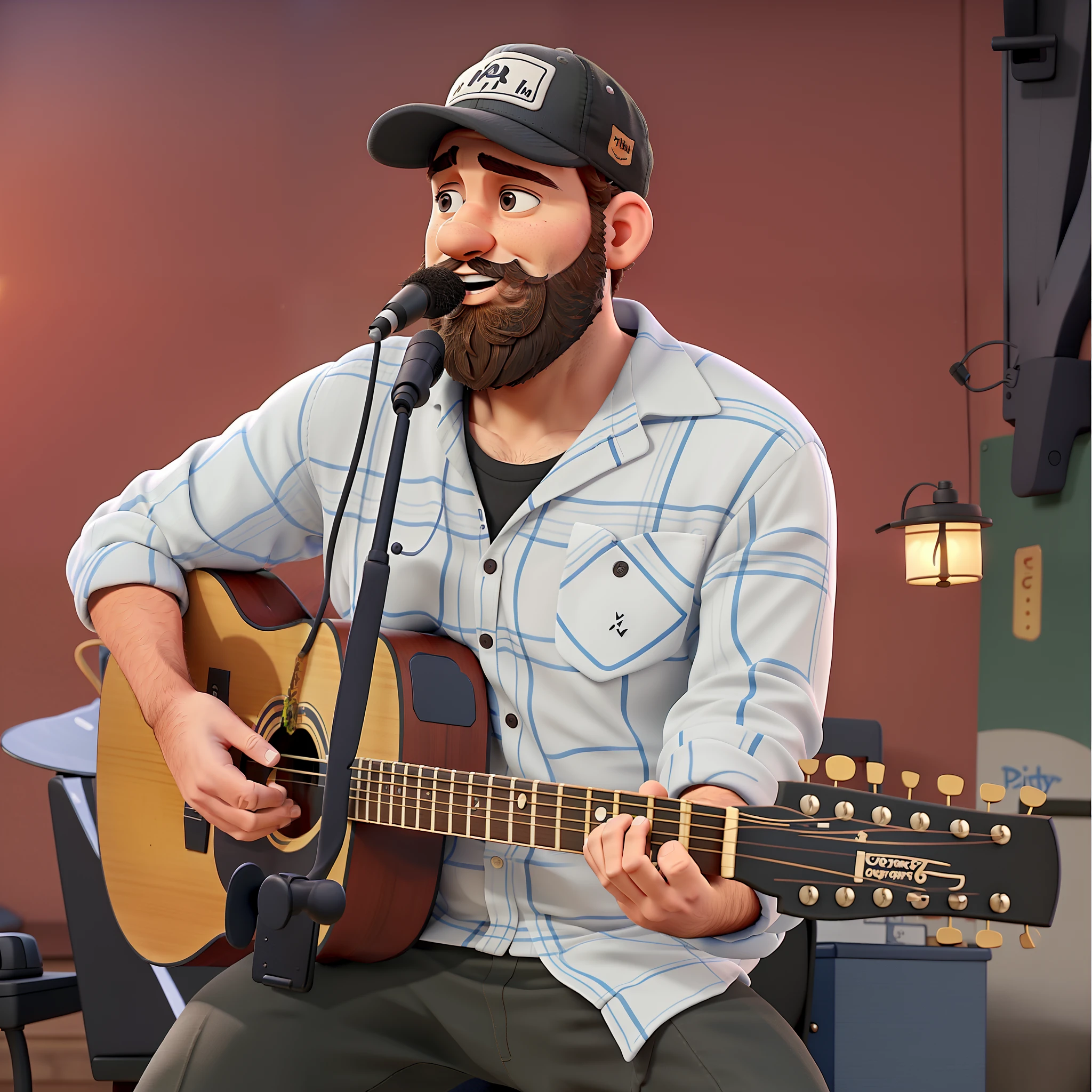 A man with a beard and a cap singing and playing guitar on a stage with the surrounding audience in the style of Pixar animation
