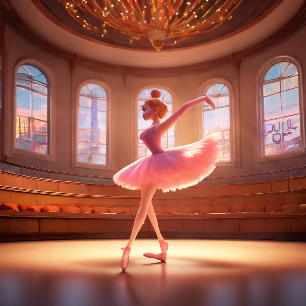 create a 3D movie poster inspired by Disney Pixar, The scene should be in Pixar's signature digital art style, with an image of ballerina dancing in the theater