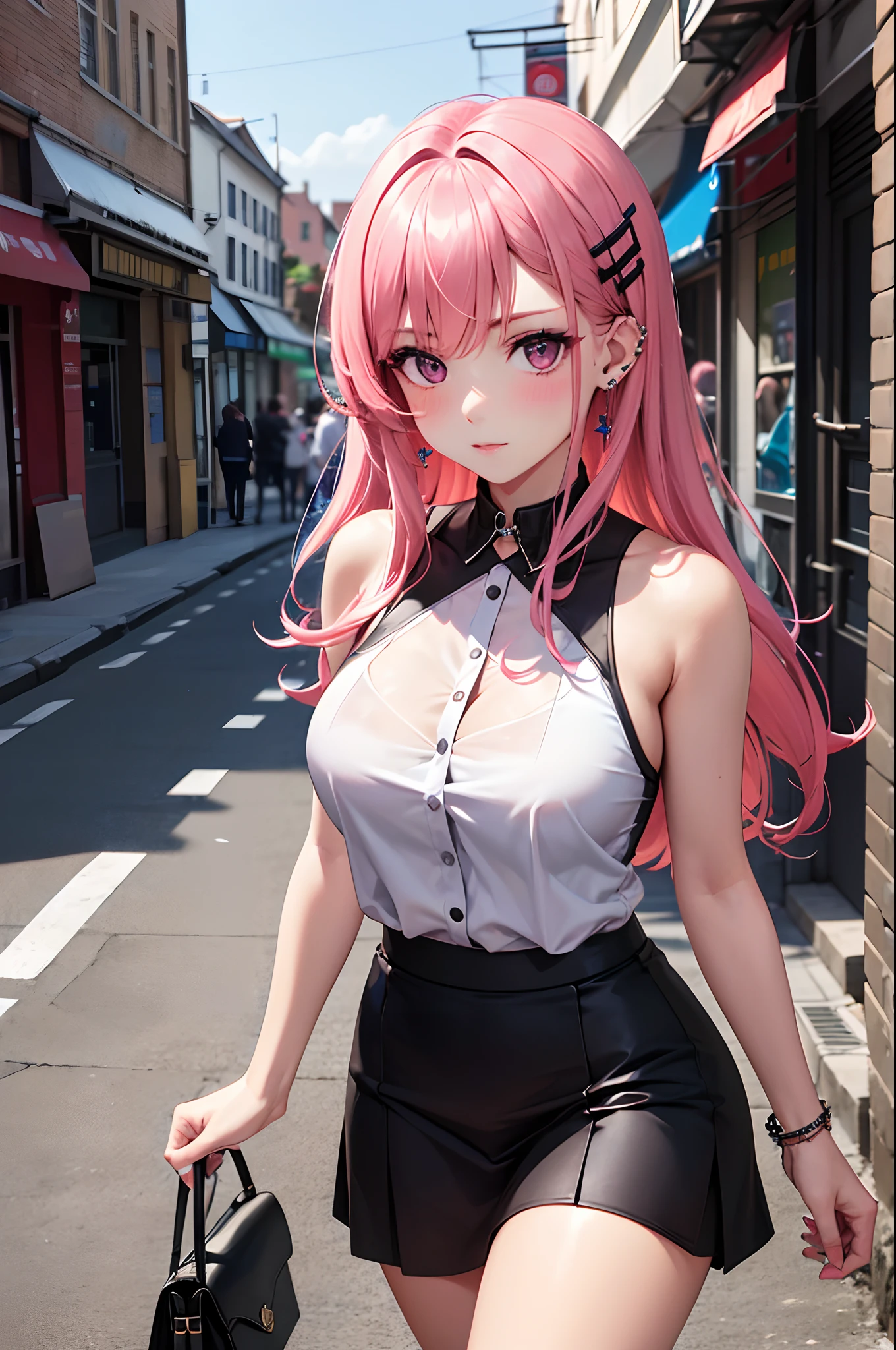 Zero Two Darling in the Franxx, 1 Girl, Underboob, Bare Breasts, Big Tits, Black X Sticker on Boob, Smiling At Camera, Bunny Pose, Sexy Pose, Bottom View, Behind View, Micro Mini Skirt, she lifts up her micro mini skirt with her hands, Stockings with garter belt, perfect body, We see her slim tight ass, wet, pink hair, she is on a Day Light City cyberpunk street, 8k, real skin, realystic, HDR , ultra resolution, light leaks, 1girl, beltbra, big breasts, skin denting, skin deep, taut clothing, masterpiece, best quality, highly detailed