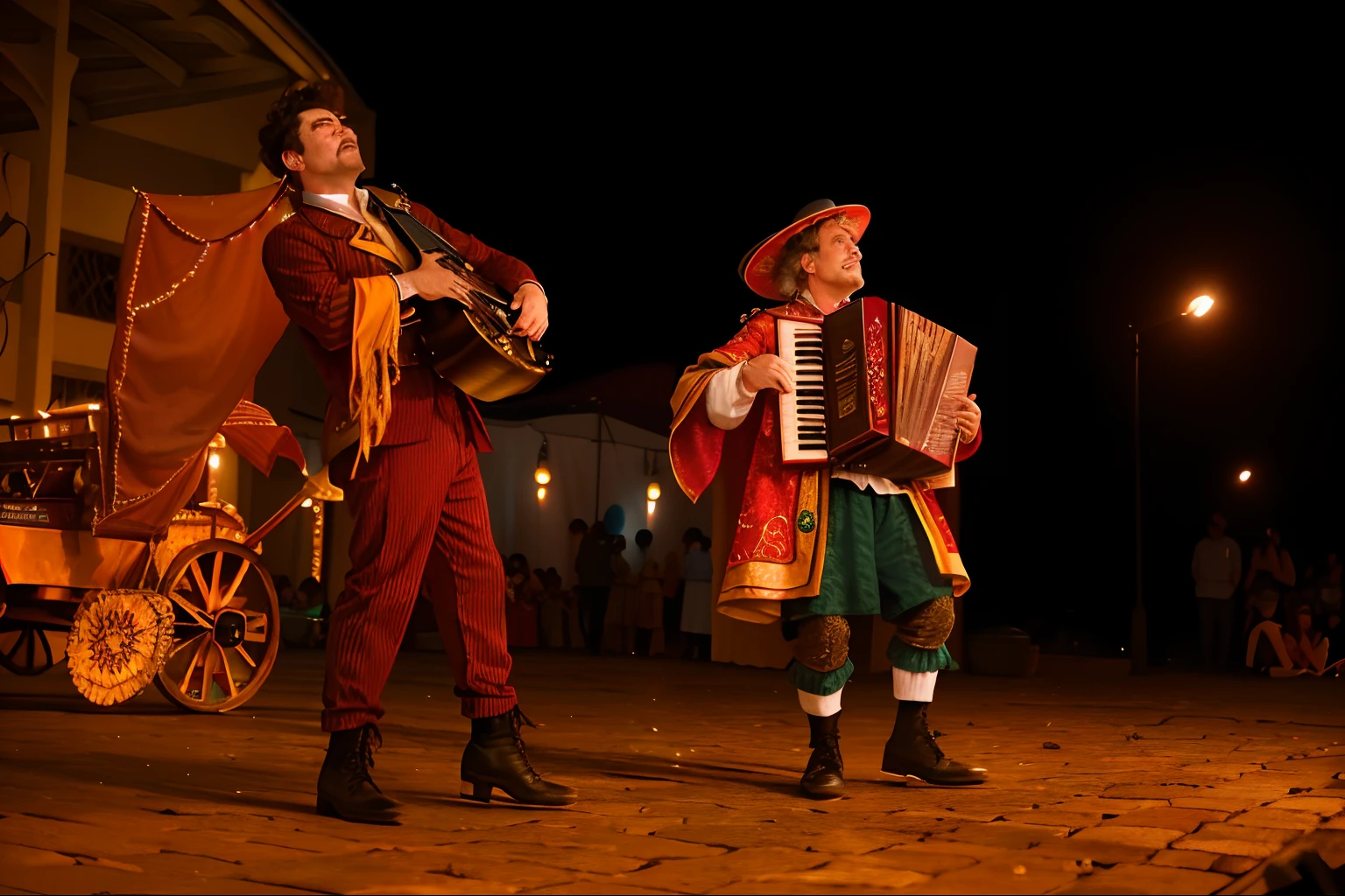 They are performing a musical act in a town square at night, Da Commedia Dell'Arte, circus performance, taken in the night, Capturado na Canon EOS R 6, Tomado com Sony Alpha 9, photo taken at night, in the nighttime, magical scene, musicians, Foto tirada com Nikon D 7 5 0, Foto tirada com Nikon D750, album photo