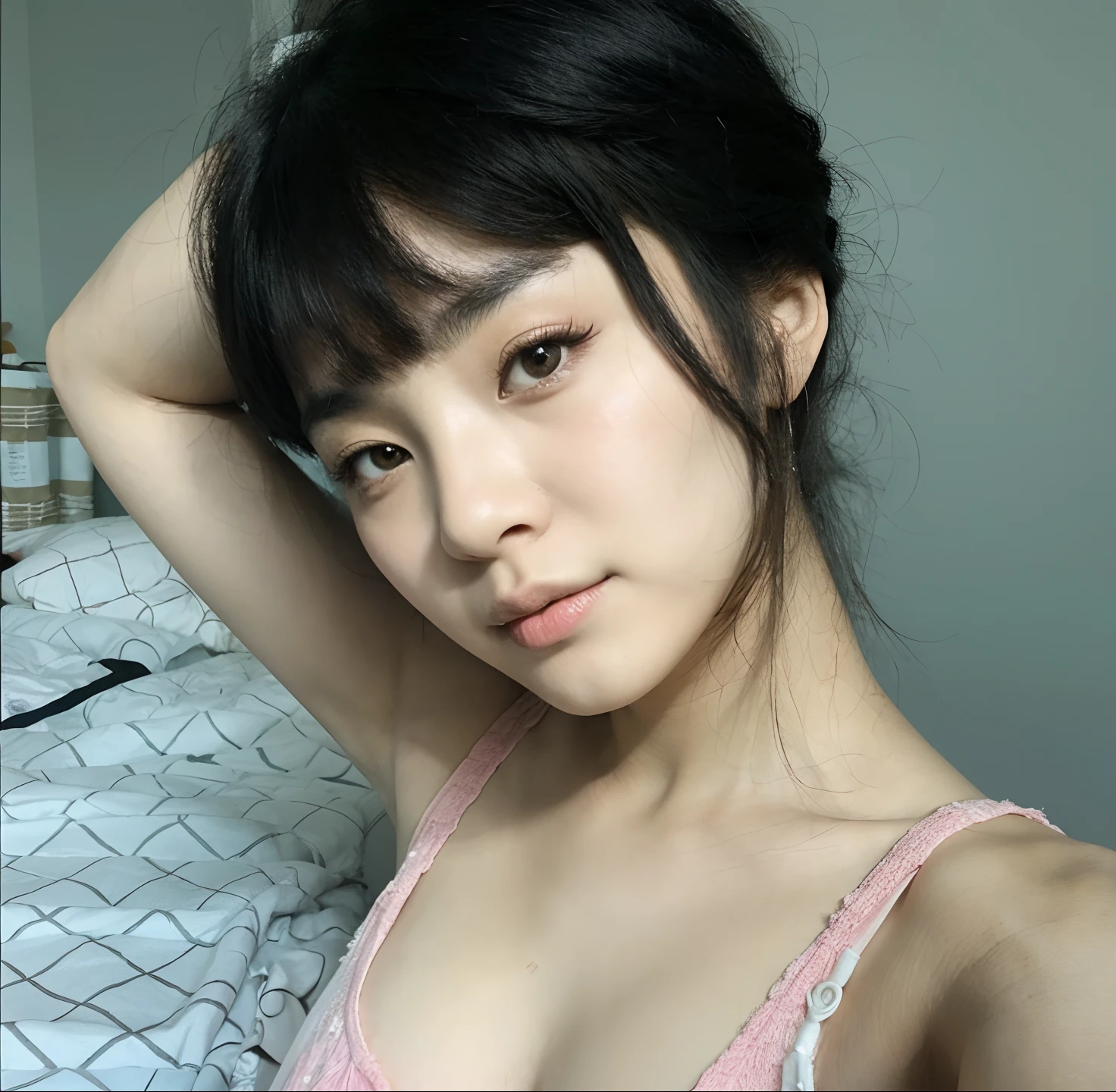 Asian arafed woman with a pink top and black hair, menina coreana, Mulher sul-coreana bonita, Ulzzang, korean face features, young adorable korean face, mulher coreana jovem bonita, Beautiful Asian girl, linda mulher coreana jovem, menina bonito-fino-cara, korean symmetrical face, young cute wan asian face, Ela tem cabelo preto com franja