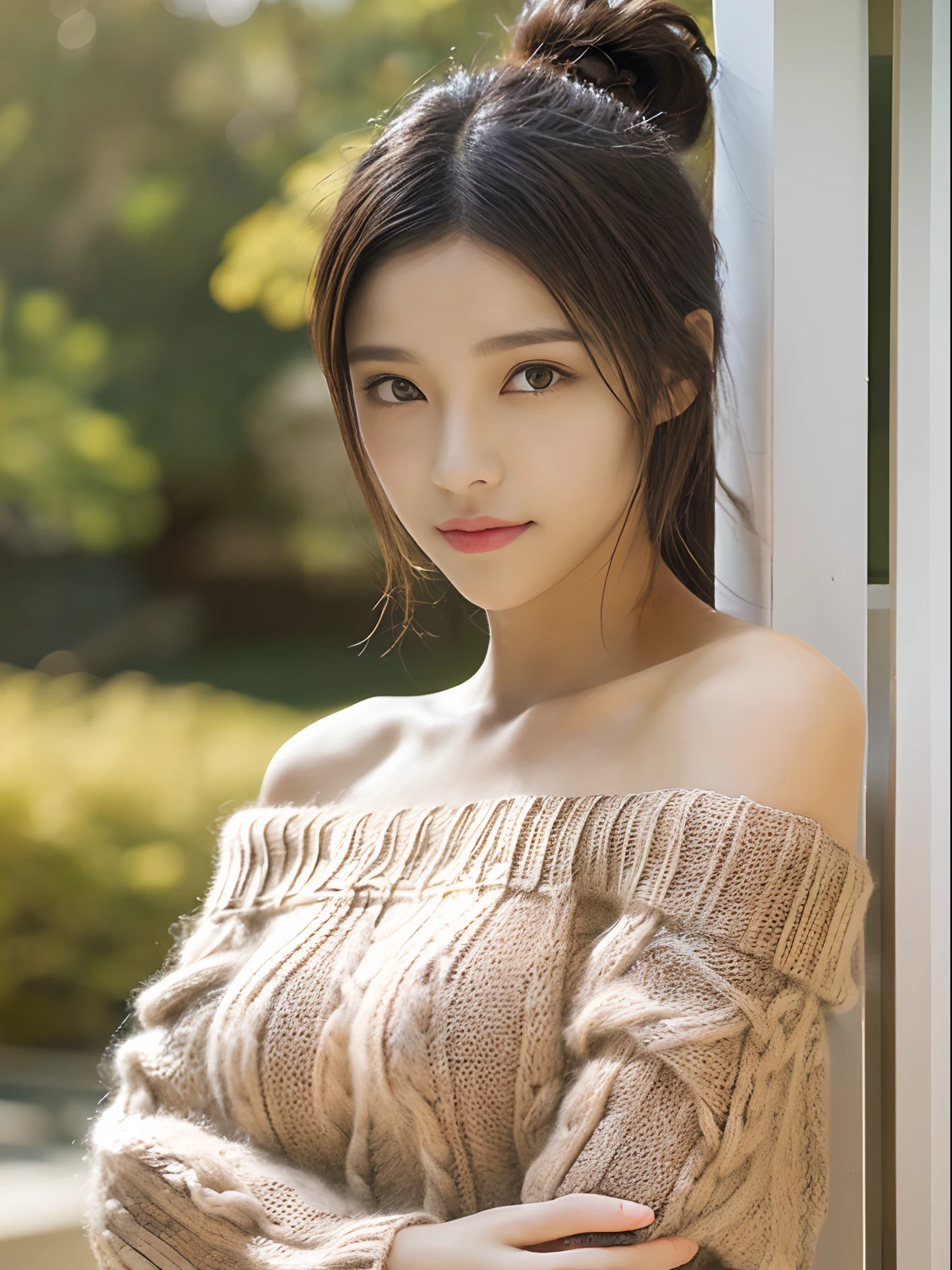 (top-quality、8K、masterpiece:1.2), (Cute Japan Beautiful Girl、18year old:1.4)、(Neat and beautiful face、the golden ratio:1.5)、 (Very fine eye definition, Symmetrical eyes:1.3), (Brown eyes, Parted bangs, Lustrous black hair:1.2)、(Perfect body without contradiction、Perfect limbs without contradiction:1.7)、(shinny skin:1.2)、(Beautiful large breast:1.6)、(Constricted waist:1.5)、(Off-the-shoulder loose knit、tight miniskirt:1.3) 、(bending forward、sexypose:1.3)、(Looking at the camera:1.4)、outside of house、the wind、optic、blurry backround