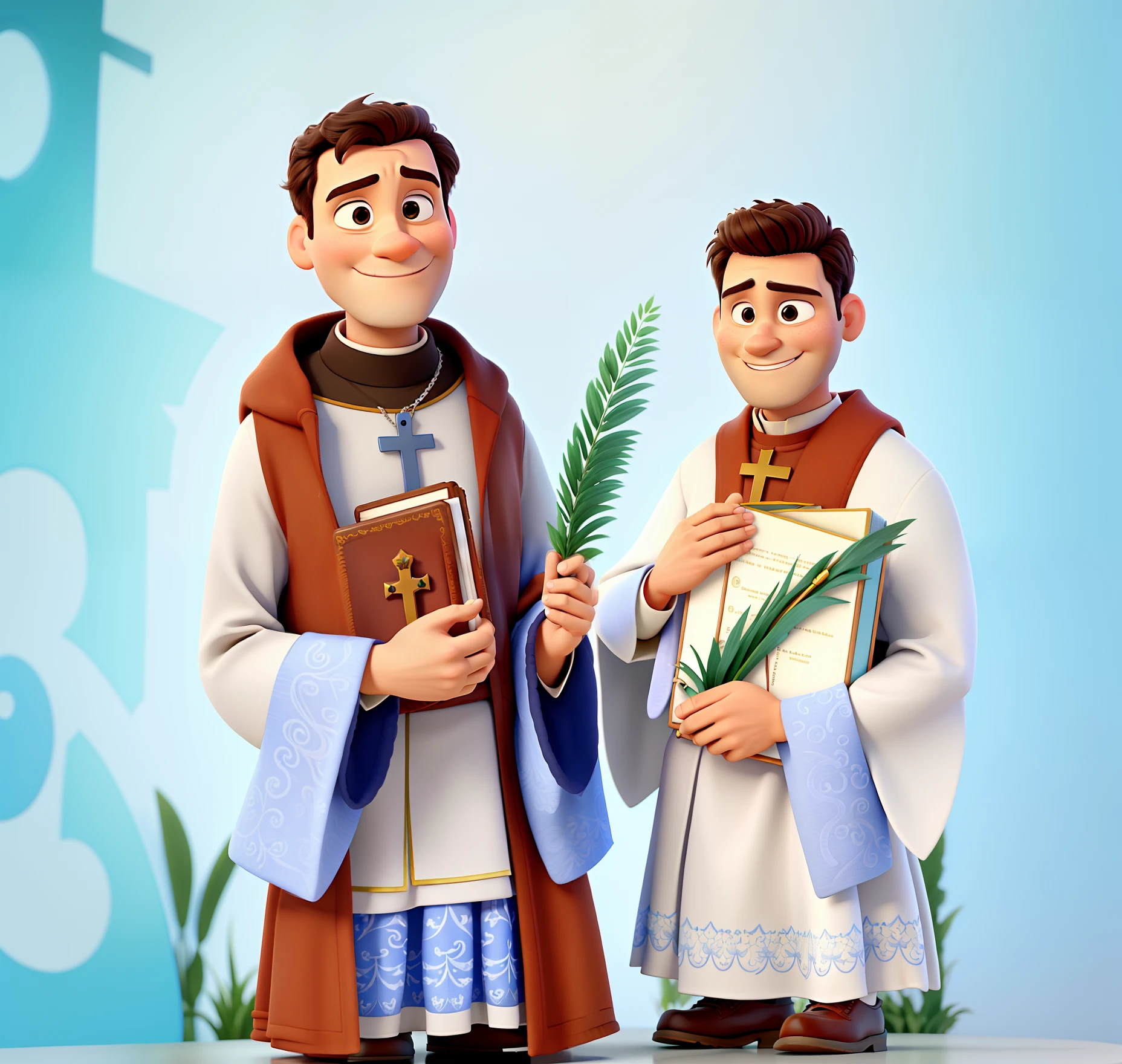 Criar uma imagem estilo disney pixar, with the priest holding a Bible in his hands