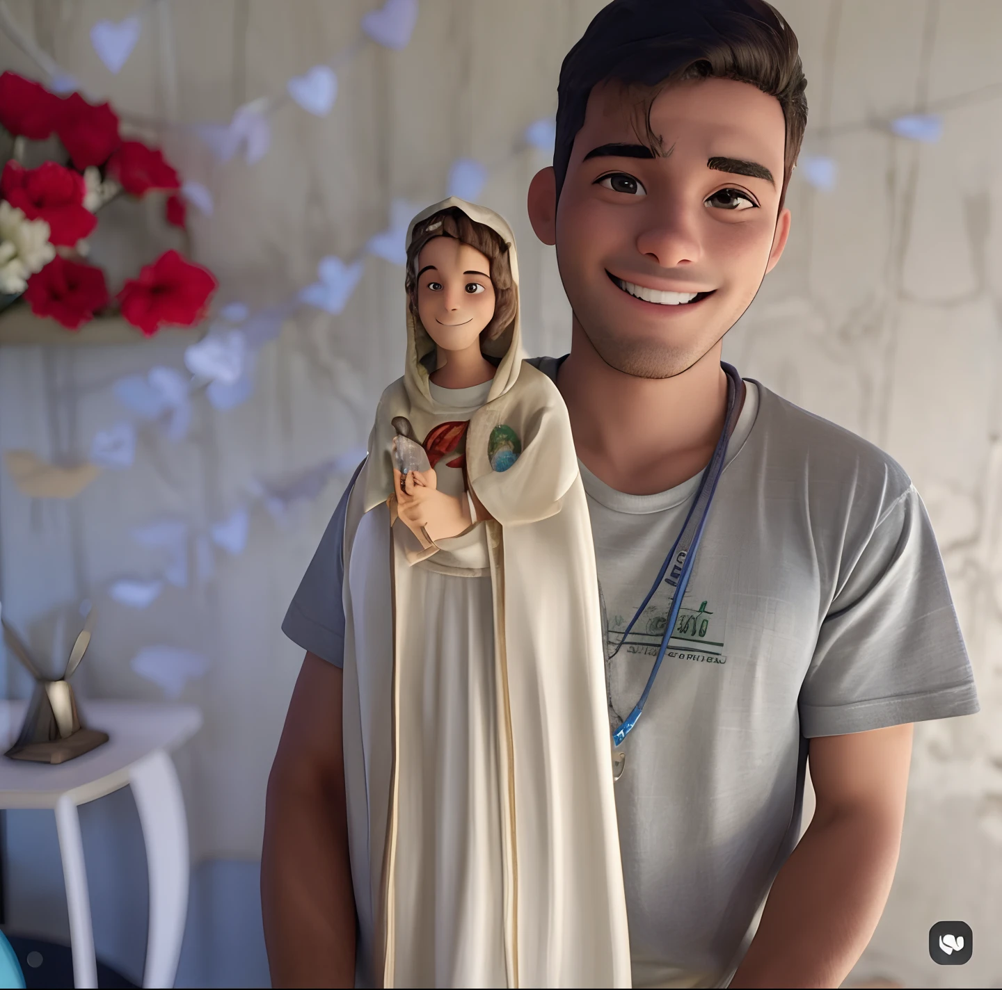 Homem sorrindo com camiseta cinza segurando uma imagem da virgem Maria