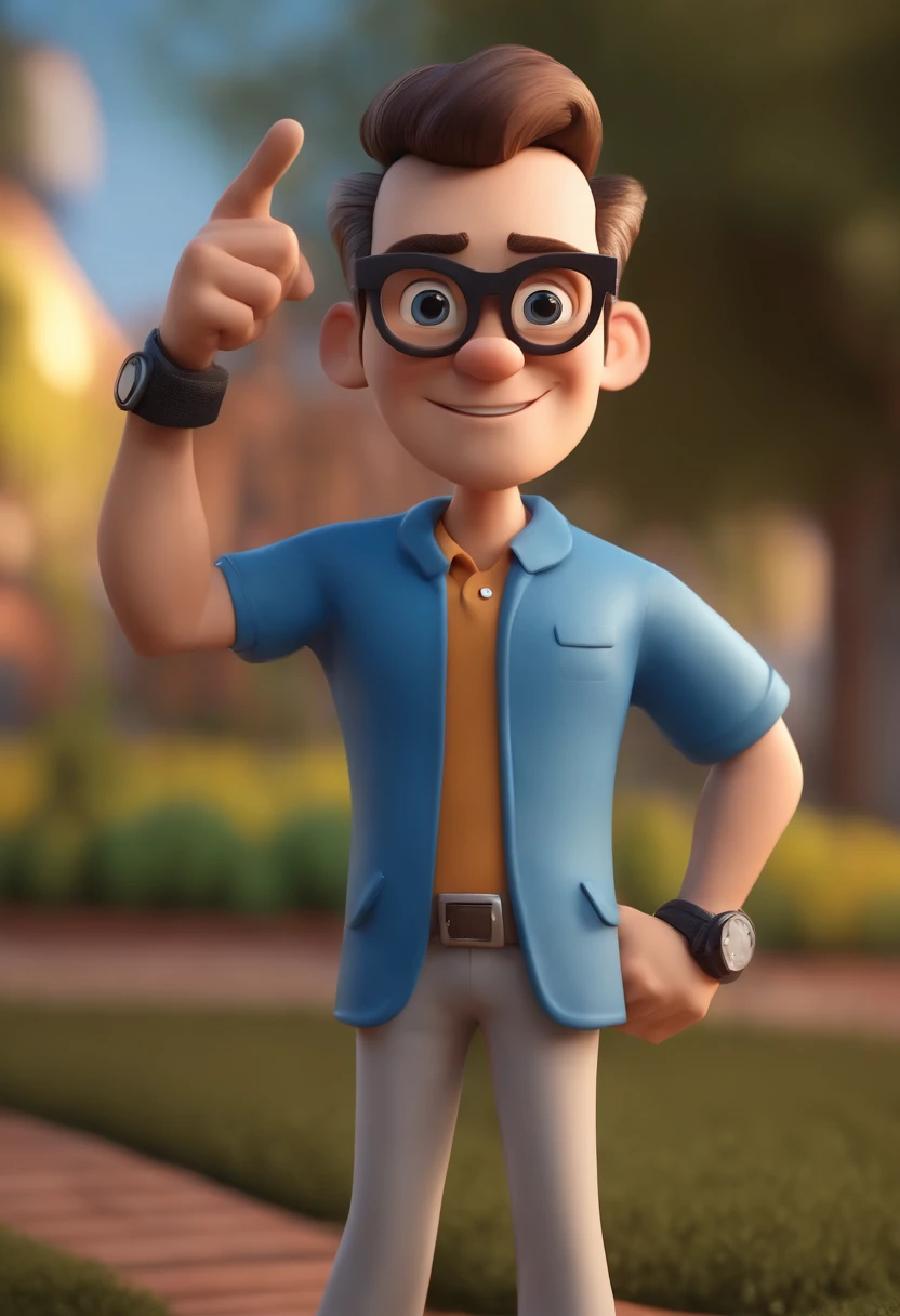 Cartoon character of a man wearing black glasses and a blue shirt, um personagem animado, Caractere estilizado, animation style rendering, 3D estilizado, Arnold Maya render, 3 d render stylized, toon render keyshot, Personagem 3D, Personagem 3D, 3d rendering stylized, 3 d character render, personagem de desenho animado, Personagem de close up, Pose de personagem, (Estilo Pixar) (master part:1.2) (Bokeh) (best quality) (pele detalhada) (textura detalhada) (8k) (argila) (Cinematic lighting) (foco nítido，Senta e vaza a parte superior do corpo