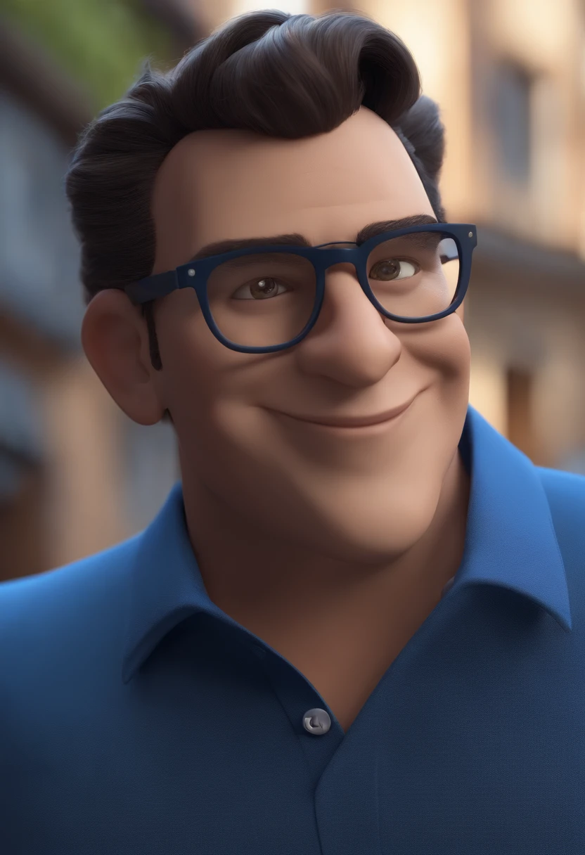 Cartoon character of a man wearing black glasses and a blue shirt, um personagem animado, Caractere estilizado, animation style rendering, 3D estilizado, Arnold Maya render, 3 d render stylized, toon render keyshot, Personagem 3D, Personagem 3D, 3d rendering stylized, 3 d character render, personagem de desenho animado, Personagem de close up, Pose de personagem, (Estilo Pixar) (master part:1.2) (Bokeh) (best quality) (pele detalhada) (textura detalhada) (8k) (argila) (Cinematic lighting) (foco nítido,Senta e vaza a parte superior do corpo