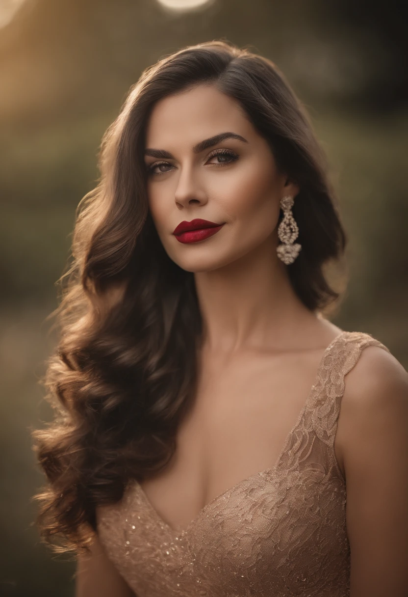 master part, uma bela mulher Norte americana, ((Marilyn Monroe:Lauren Jaregui:0.5)), (usando um vestido vermelho bonito), (medios seios), (Corpo plus size), (longos cabelos escuros), (textura da pele:1.1), best quality, ultra high-resolution, Foto RAW, Nikon D850 |, luz de fundo, luz de aro, filmic grain:1.2, (Tonalidade quente, tom quente:1.2), (foto colorida)