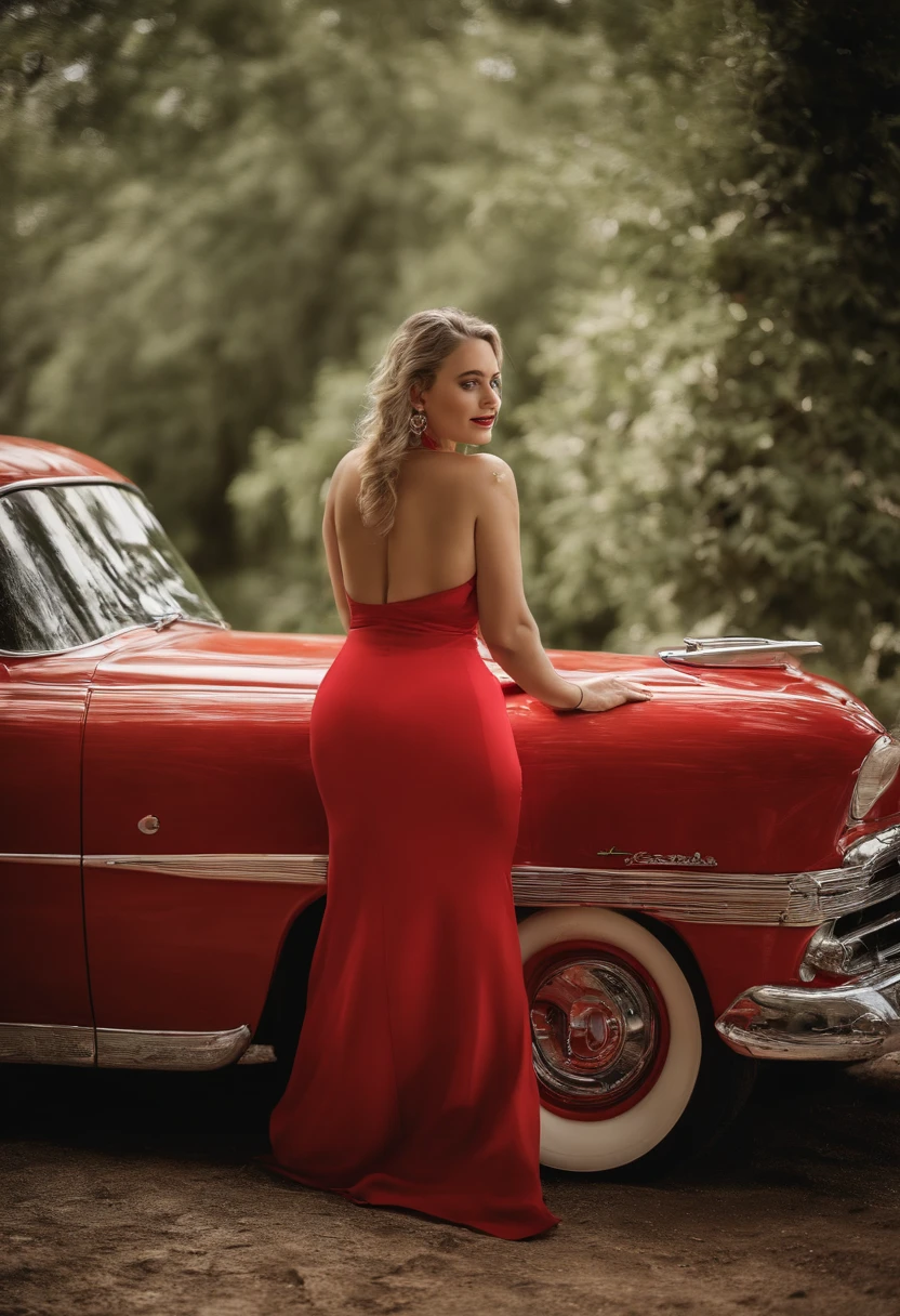 master part, uma bela mulher Norte americana, ((Marilyn Monroe:Lauren Jaregui:0.5)), (usando um vestido vermelho bonito), (medios seios), (Corpo plus size), (longos cabelos escuros), (textura da pele:1.1), best quality, ultra high-resolution, Foto RAW, Nikon D850 |, luz de fundo, luz de aro, filmic grain:1.2, (Tonalidade quente, tom quente:1.2), (foto colorida)