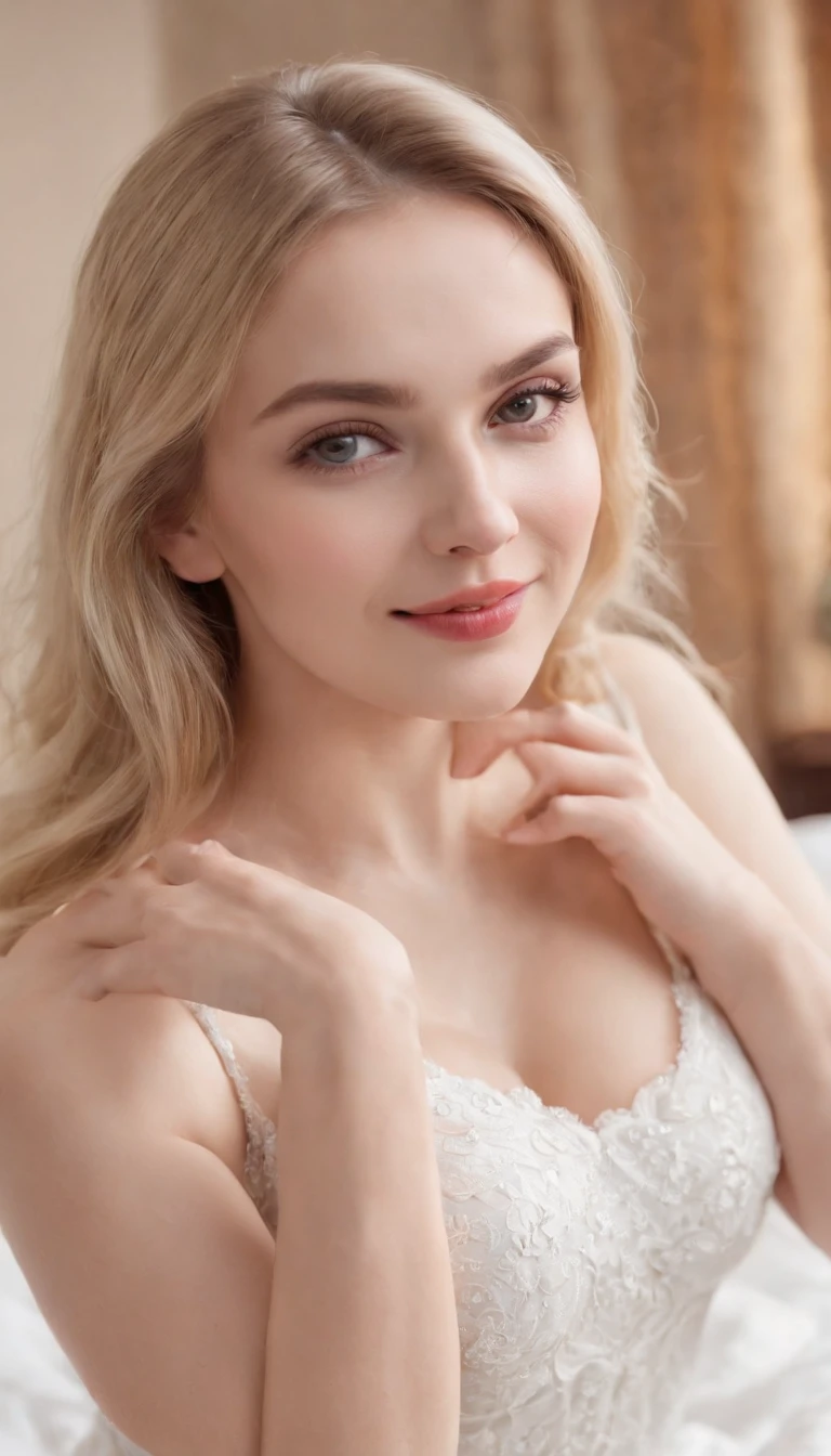 Masterpice, Photorealistic, gigantic round breasts, Blond Woman, russian girl, pale white skin, half body Perfect Body, Perfect Face, Smiling, HD, Dressed up, Selfie, realistic eyes, in bed, sleepy