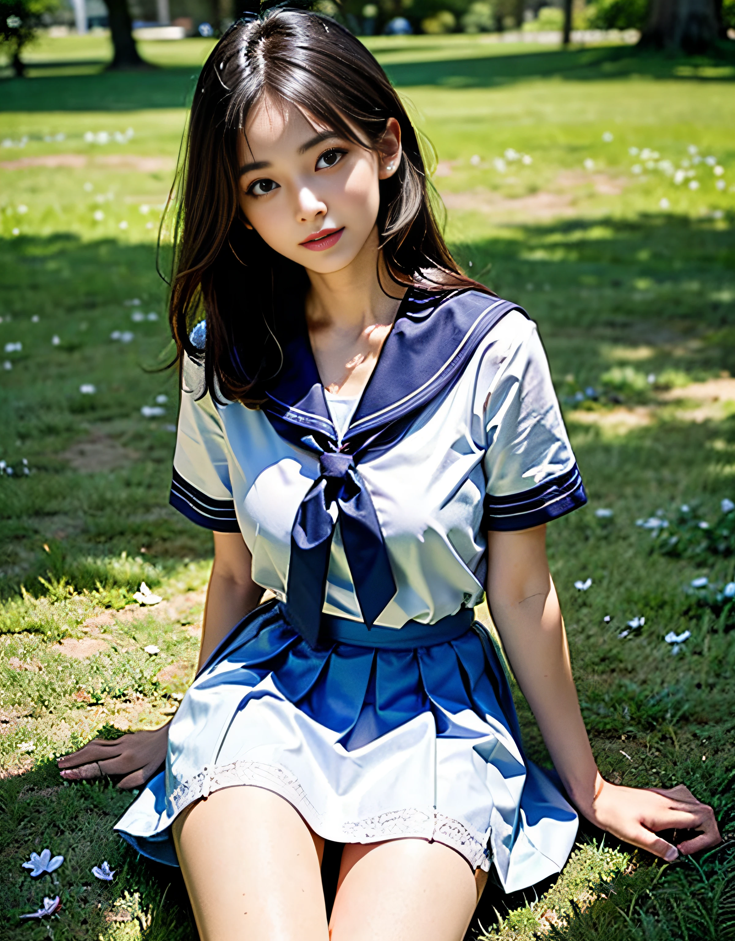 Nino Nakano riendo,pose sexy,ropa deportiva,sudor,field with trees,Swayback stance,Photorealistic, high-quality 32k photo of a beautiful Japanese girl in a playful sundress, with detailed eyes and a lively smile, sitting on a picnic blanket in a park. She’s wearing a Sailor suit, with High socks and loafers  her hair in a loose braid. The image captures her surrounded by nature, with a focus on her cheerful demeanor and the peaceful greenery around her.(Flirtingly lifting her skirt to show her panties:1.3),(stick out butt:1.3)