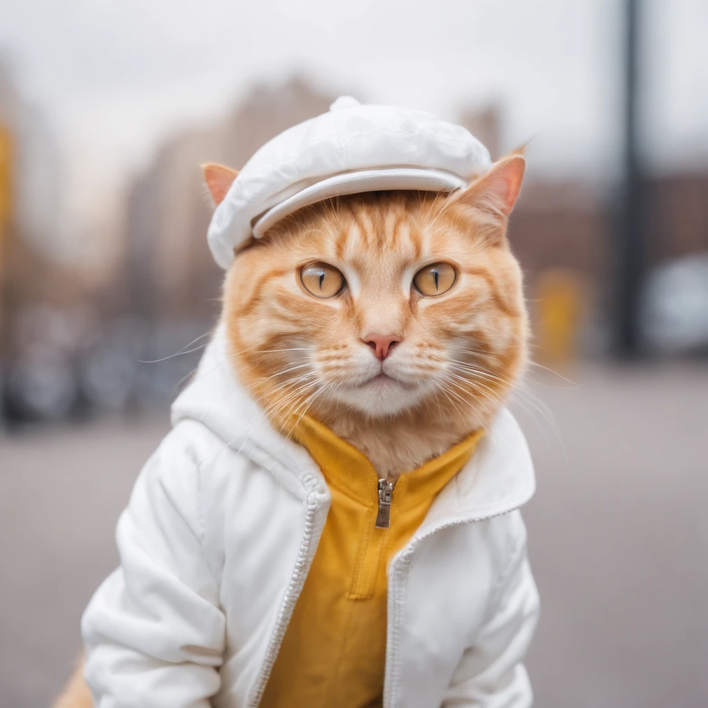 Film photo of anthropomorphic yellow cat wearing white hat and jacket, detailed, realist, city