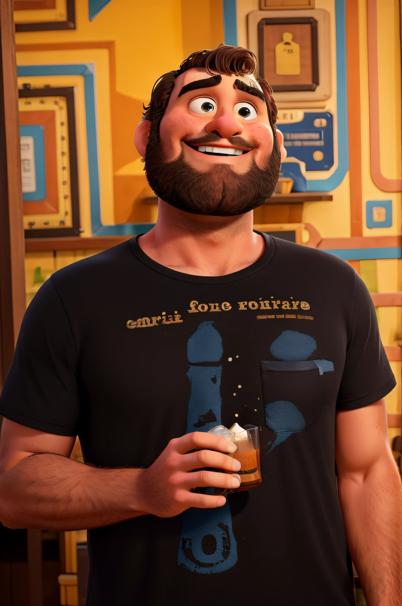 homem branco, com barba grande, sorrindo, com uma garrafa de cerveja no bar