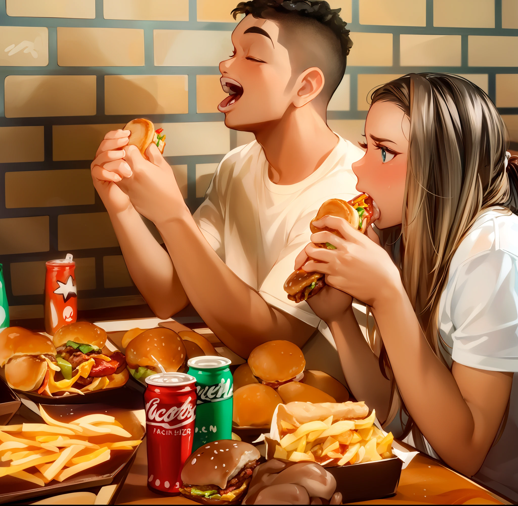Disney Pixar Style There are two people sitting at a table eating a sandwich, eating burgers, Junta de fast food real, Mukbang, fast food, hamburgers and soda, Directed by: David Ruby, serving burgers, ❤🔥🍄🌪, Directed by: Nandor Soldier, parece realista, eating a burger, people inside eating meals, realmente realista, imagem de perfil, fast food review