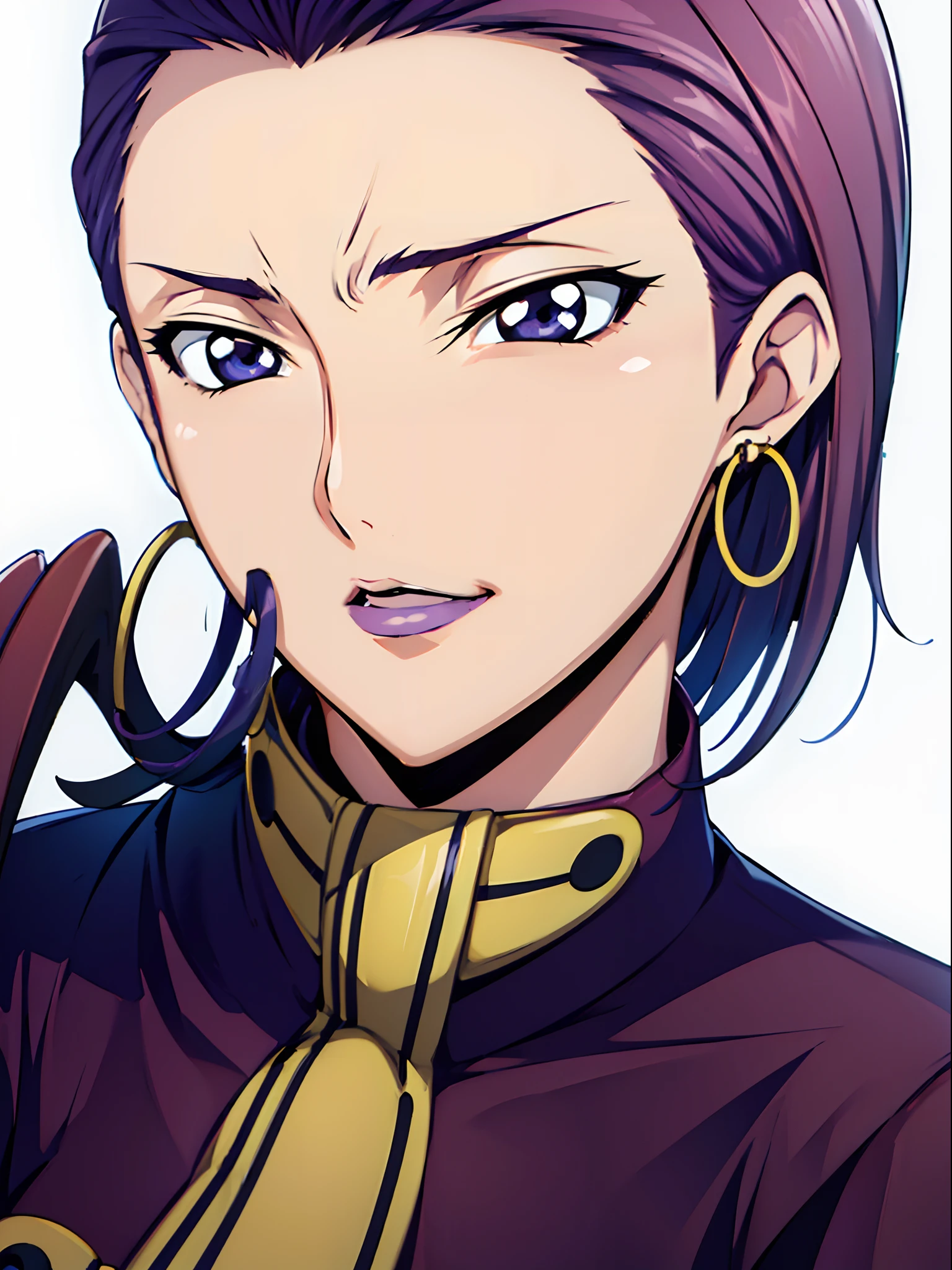 Simple white background,
purple outfit,Military, Military uniform,
Purple hair,Purple eyes, ((((straight Hair)))),makeup,
1 girl, 35yr old,milf,Beautiful Finger,Beautiful long legs,Beautiful body,
Beautiful nose,Beautiful character design, Perfect eyes, Perfect face,Expressive eyes,Perfect balance,
Looking at Viewer,(Focus on her face),Closed mouth, (Innocent_Big_Eyes:1.0),(light_Smile:0.3),
Official art,Highly detailed CG Unity 8k wallpaper, Perfect Lighting,Colorful, Bright_front_Face_Lighting,White skin,
(masutepiece:1.0),(best_quality:1.0), 超A high resolution,4K,Ultra-detailed,
Photography, 8K, nffsw, hight resolution, absurderes:1.2, Kodak Portra 400, Film grain, Blurry background, Bokeh:1.2, Lens Flare, (Vibrant_Color:1.2),professional photograpy,
(Beautiful,breasts:1.0), (Beautiful_Face:1.5),(narrow_waist),(((((((very_Short_hair))))))),(((((hoop_earrings))))), (((((hair slicked back)))))