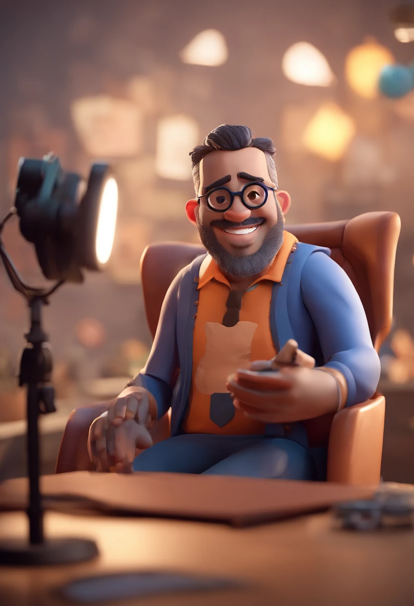 Create a Pixar-style 3D poster, Capturing a scene with the background of video lesson with a 30-year-old man, rosto redondo, corpo magro, branco caucasiano, cabelos negros curto, com a barba grande inteira branca, with black prescription square glasses, he's happy with an iPhone 15 pro max on a recording Studio background with led lights making videos for his students. , animation character, Caractere estilizado, animation style rendering, 3D estilizado, Arnold Maya render, 3 d render stylized, toon render keyshot, Personagem 3D, Personagem 3D, 3d rendering stylized, 3 d character render, personagem de desenho animado, Personagem de close up, Pose de personagem, (Estilo Pixar) (master part:1.2) (Bokeh) (best quality) (pele detalhada) (textura detalhada) (8k) (argila) (Cinematic lighting) (foco nítido
