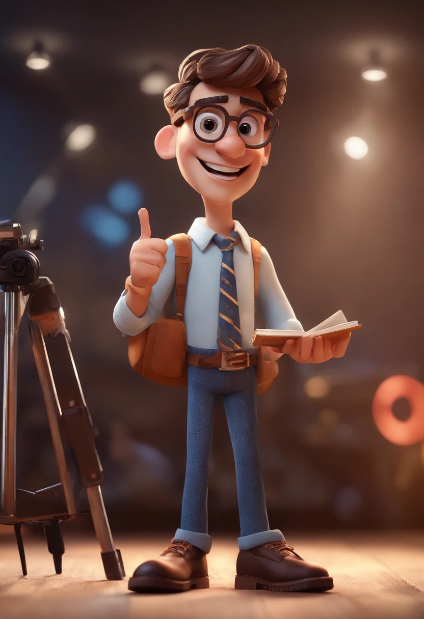 Create a Pixar-style 3D poster, Capturing a scene with the background of video lesson with a 30-year-old man, rosto redondo, corpo magro, branco caucasiano, cabelos negros curto, com a barba grande inteira branca, with black prescription square glasses, he's happy with an iPhone 15 pro max on a recording Studio background with led lights making videos for his students. , animation character, Caractere estilizado, animation style rendering, 3D estilizado, Arnold Maya render, 3 d render stylized, toon render keyshot, Personagem 3D, Personagem 3D, 3d rendering stylized, 3 d character render, personagem de desenho animado, Personagem de close up, Pose de personagem, (Estilo Pixar) (master part:1.2) (Bokeh) (best quality) (pele detalhada) (textura detalhada) (8k) (argila) (Cinematic lighting) (foco nítido
