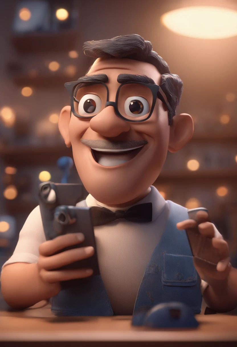 Create a Pixar-style 3D poster, Capturing a scene with the background of video lesson with a 30-year-old man, rosto redondo, corpo magro, branco caucasiano, cabelos negros curto, com a barba grande inteira branca, with black prescription square glasses, he's happy with an iPhone 15 pro max on a recording Studio background with led lights making videos for his students. , animation character, Caractere estilizado, animation style rendering, 3D estilizado, Arnold Maya render, 3 d render stylized, toon render keyshot, Personagem 3D, Personagem 3D, 3d rendering stylized, 3 d character render, personagem de desenho animado, Personagem de close up, Pose de personagem, (Estilo Pixar) (master part:1.2) (Bokeh) (best quality) (pele detalhada) (textura detalhada) (8k) (argila) (Cinematic lighting) (foco nítido