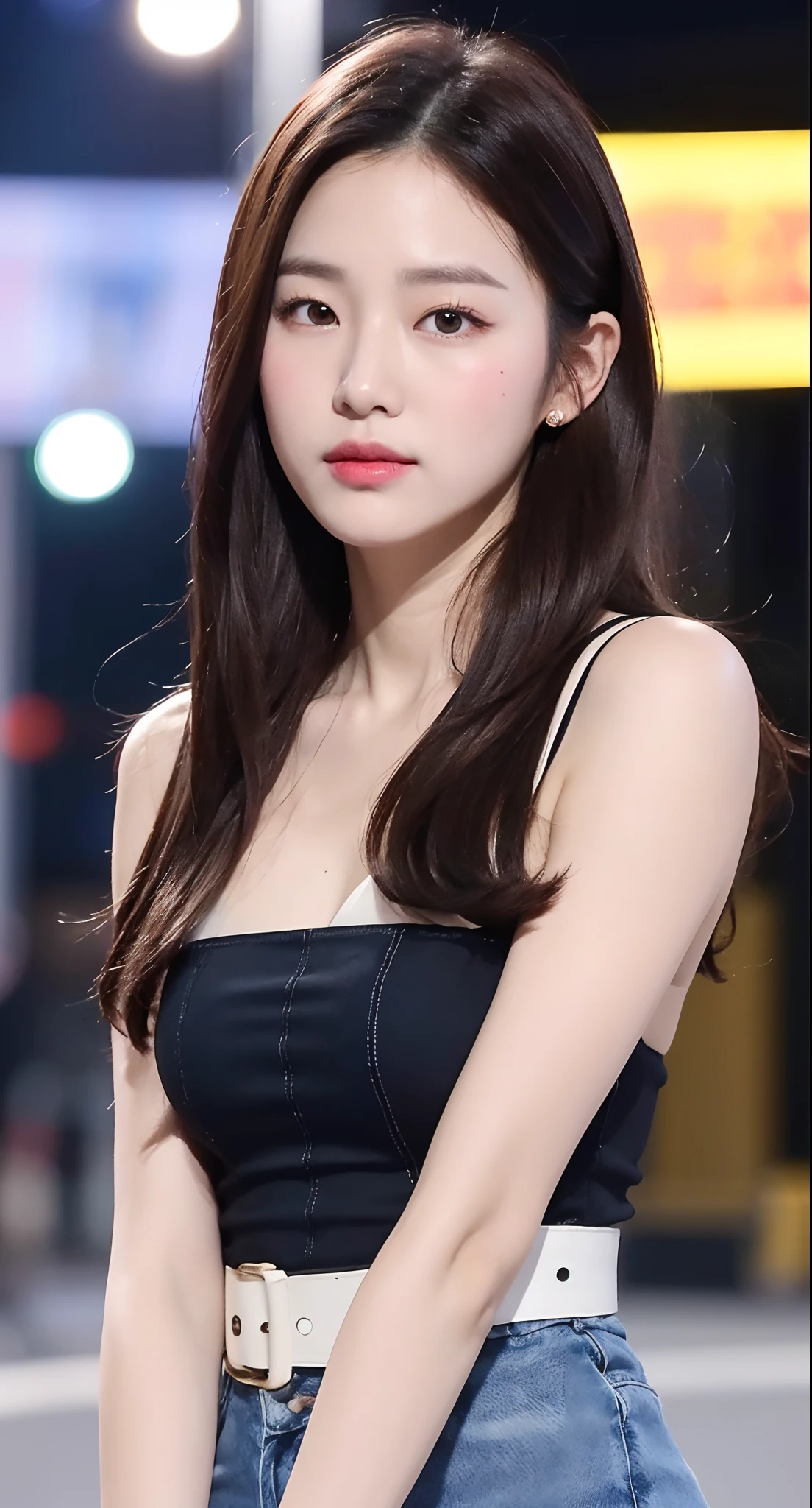 (1 Korean star with royal sister style), ((best quality, 8k, masterpiece: 1.3)), focus: 1.2, perfect body beauty: 1.4 , (funny expression), (night street: 1.3), highly detailed face and skin texture, fine eyes, double eyelids, whitened skin, (air bangs: 1.3), (round face: 1.5), (thin strap top: 1.4),