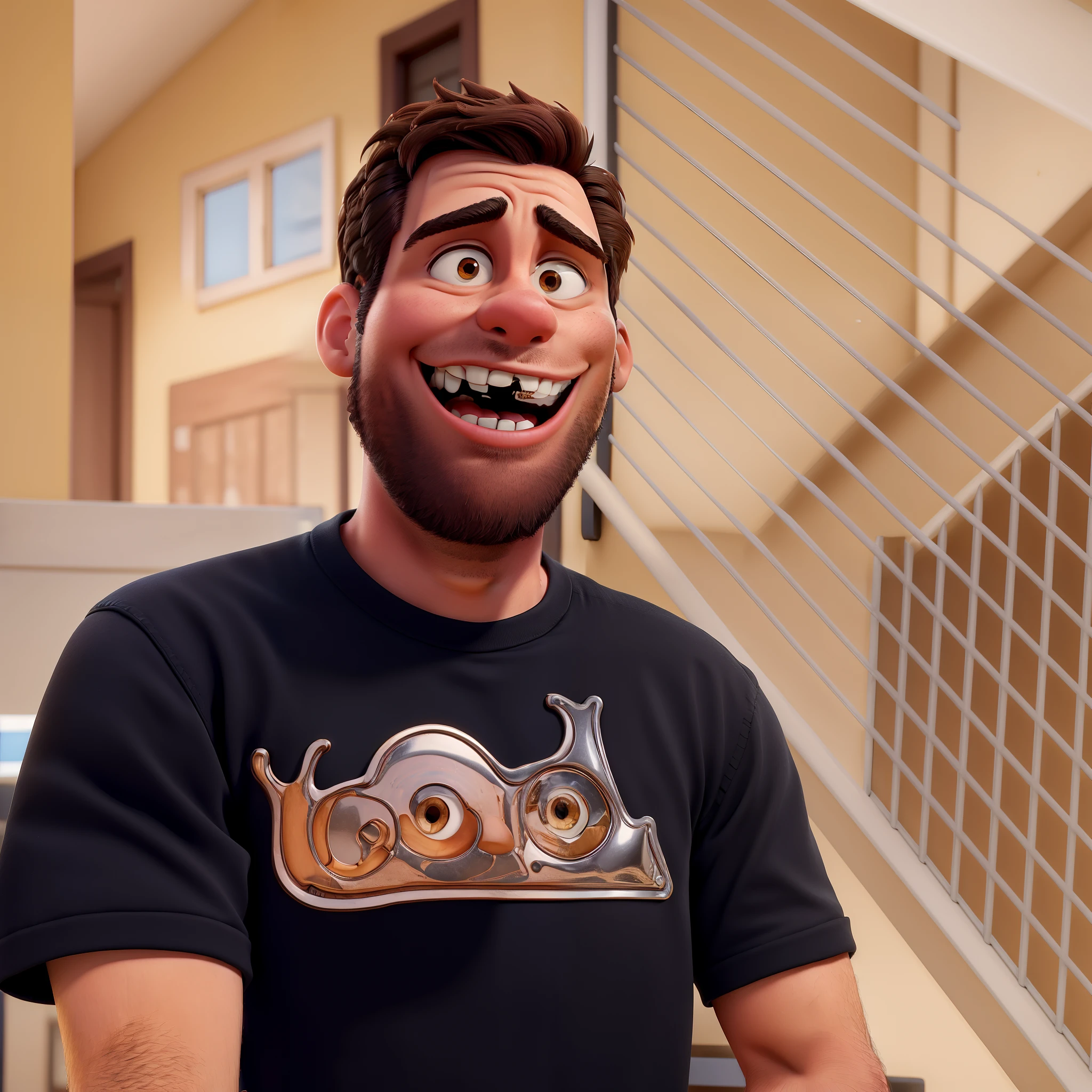 A man standing in black shirt, jeans, smiling, brown hair, smiling, showing hand, giving thumbs up as a sign of success, Estilo Disney Pixar, alta qualidade, melhor qualidade 4k