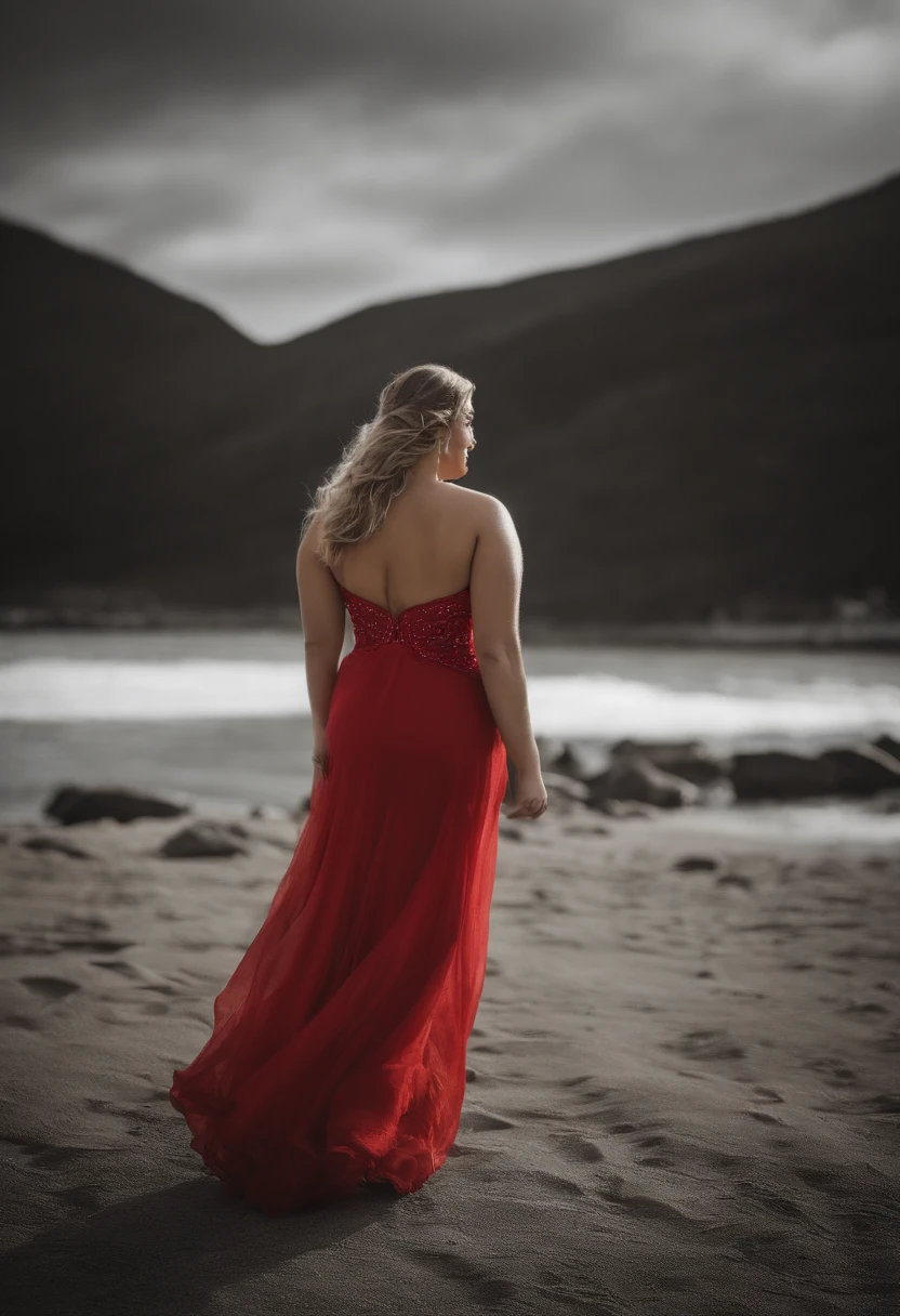 master part, uma bela mulher Norte americana, ((Marilyn Monroe:Lauren Jaregui:0.5)), (usando um vestido vermelho bonito), (medios seios), (Corpo plus size), (longos cabelos escuros), (textura da pele:1.1), best quality, ultra high-resolution, Foto RAW, Nikon D850 |, luz de fundo, luz de aro, filmic grain:1.2, (Tonalidade quente, tom quente:1.2), (foto colorida)