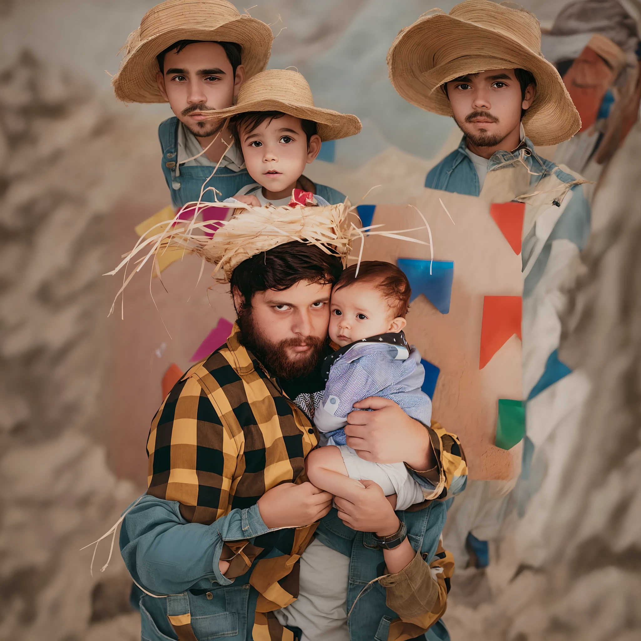 There's a man holding a baby wearing a straw hat, pai com filho, with a kid, pai hipster, Sucot, papai/paterno, Tiro na Canon EOS R 5, Tiro na Canon EOS R5, imagem de qualidade muito baixa, wearing a straw hat and overalls, With a baby in the Disney pixar style
