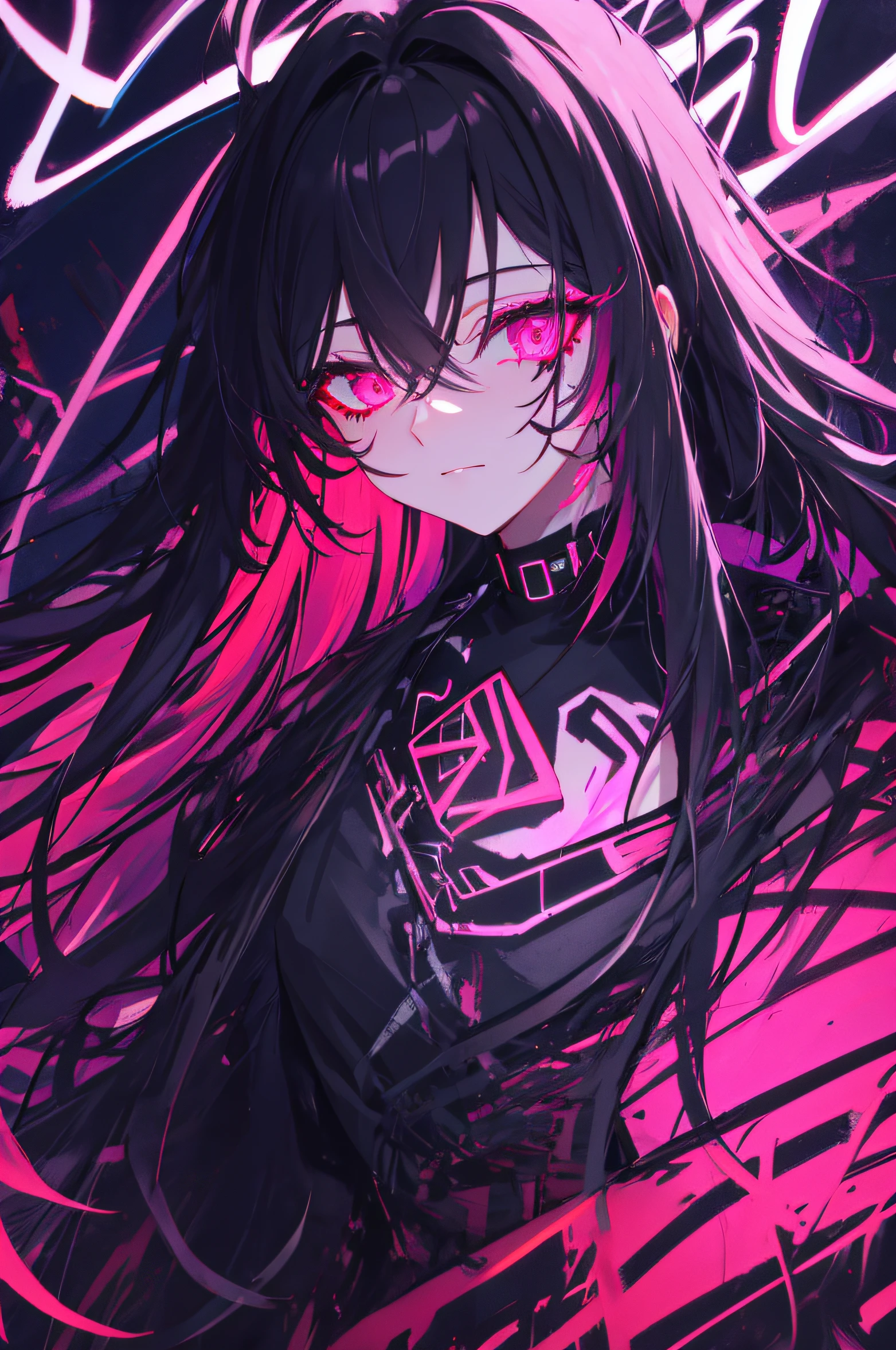 best quality, intricate details, chromatic aberration, 1girl, long hair, black hair, messy hair, pink highlights, hair over one eye, red eyes, sharp eyes, choker, neon shirt, torn legwear, , against wall, brick wall, graffiti, glowing grafiti, glowing tattoos, glow, neon lights, blacklight,