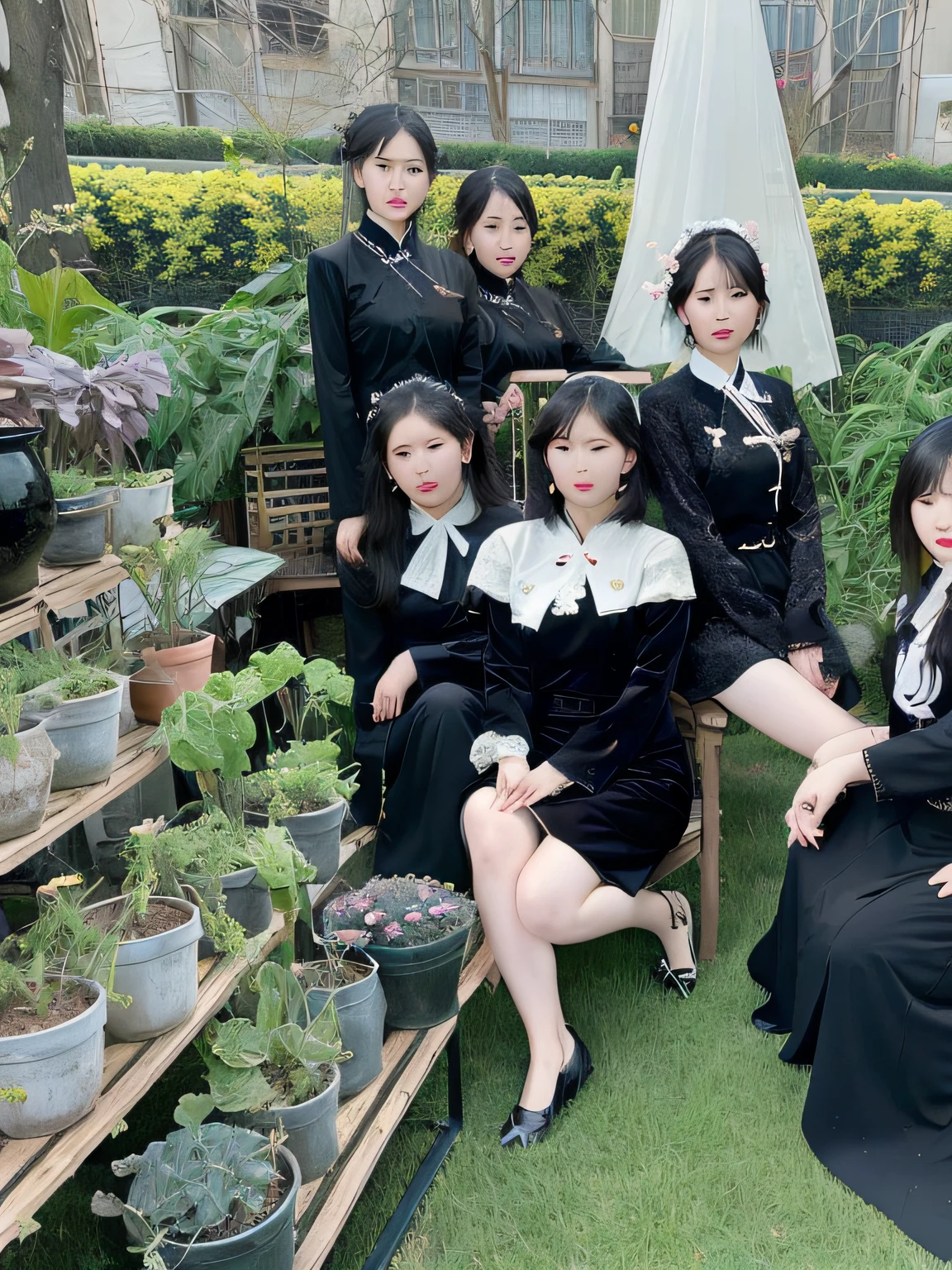 Several women sit on a bench with plants in the garden, on the garden, with acient chinese clothes, With black, In the garden, trending at cgstation,  inspired by Park Hua, with ivy, personal profile picture, Beautiful women, Chinese style, Group photo, beautiful lady, by Yang J, with a garden, Gorgeous lady