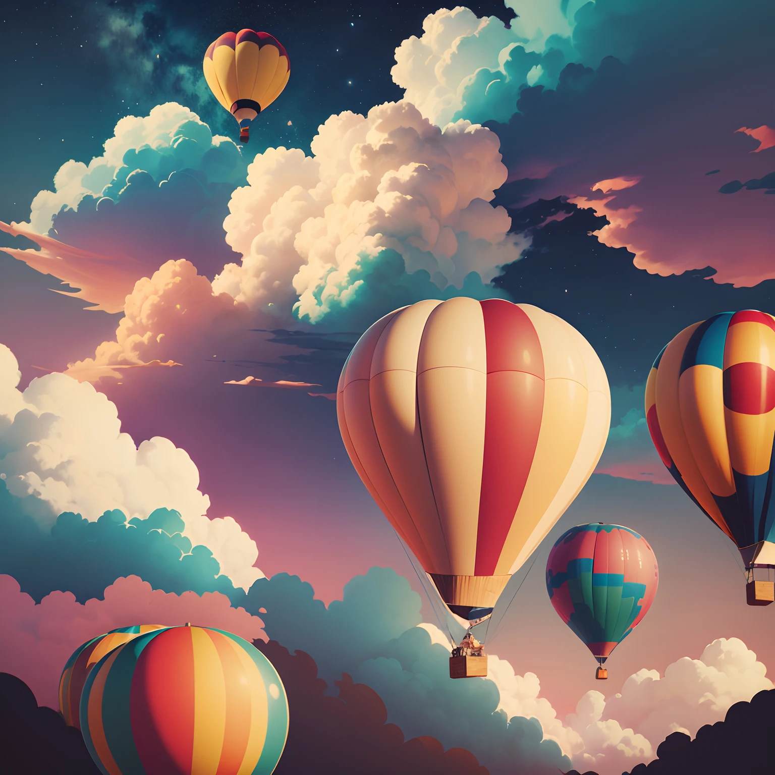 Draw a picture of the sky There are magnificent clouds in the sky ,beautiful sky,Colorful hot air balloons float,The color is bright,prette
