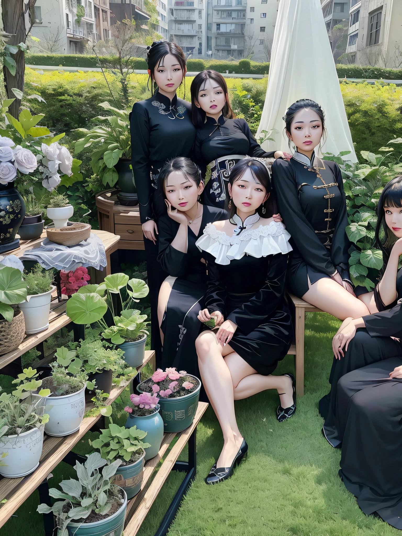 Several women sit on a bench with plants in the garden, on the garden, with acient chinese clothes, With black, In the garden, trending at cgstation, inspired by Park Hua, with ivy, personal profile picture, Beautiful women, Chinese style, Group photo, beautiful lady, by Yang J, with a garden, Gorgeous lady