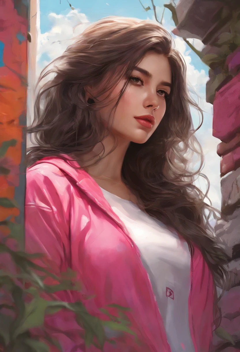 (Best quality), Masterpiece, Extremely detailed CG uniform 8K illustration, High color, Extremely high color saturation, All colors are deepened, Paint, scribble art, Center composition, Extremely detailed light and shadow, graffiti wall, The walls are brightly painted, 1 girl graffiti 1 girl looking at the wall, Extremely detailed face and eyes, Medium length hair, Sportswear, Colored clouds