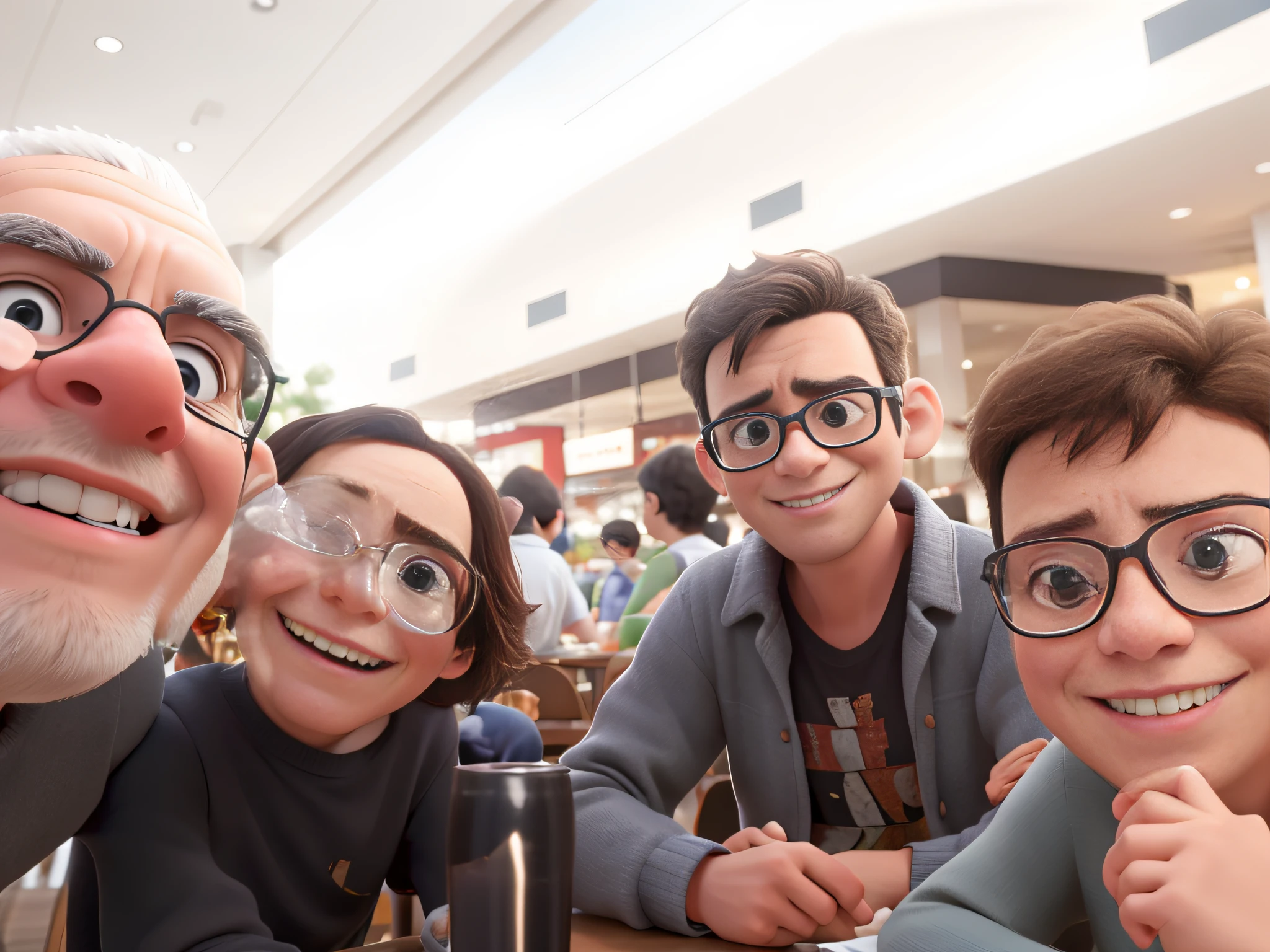 Imagem realista, in high quality of a family sitting at a table in a shopping mall