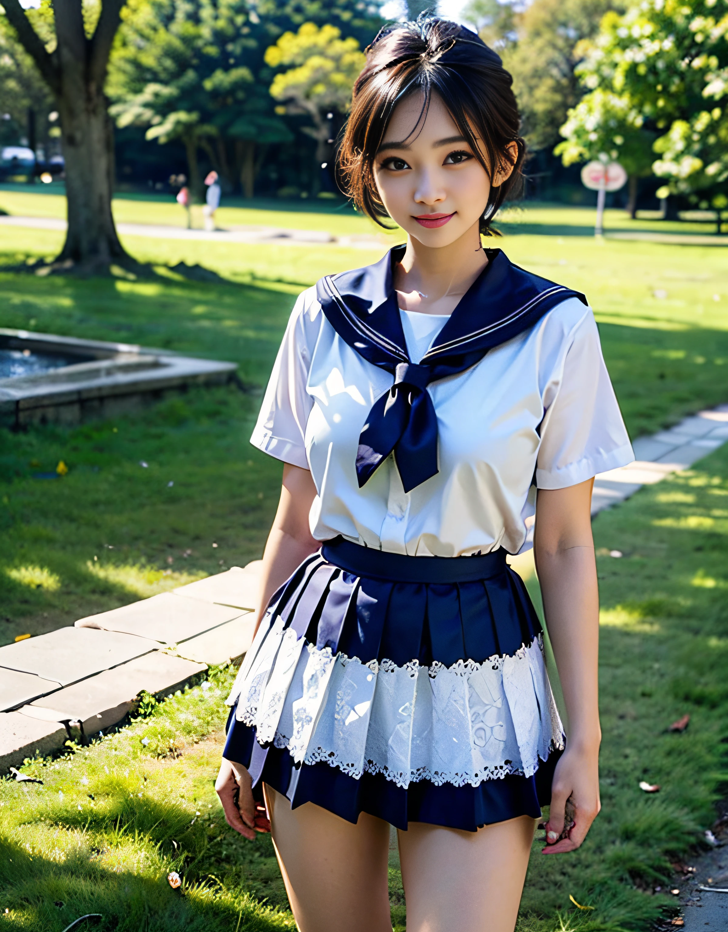 最high quality、high quality、Best image quality、Small size sailor suit、Tight uniform、Summer clothes、mini skirt、Twin tails、smile、,最High resolution、High resolution、最high quality、masterpiece、RAW Photos、whole body写真、Detailed and realistic human body、Detailed and realistic skin、Realistic face in every detail、Detailed and realistic eyes、Detailed and realistic lips、Detailed and realistic teeth、Detailed and realistic ears、Detailed and realistic hair、Detailed and realistic weapons、Realistic reproduction of every detail、Realistic fingers in every detail、(Beautiful Hands、thumb１reference４)、Realistic feet down to the last detail、((Beautiful Japanese Woman))、(Japanese Model)、((21 year old beautiful woman))、(Black Hair)、(Straight hair)、((whole body))、(Slim and perfect figure)、(whole body光沢肌、Fair skin)、Detailed and realistic human body、Detailed and realistic skin、Realistic face in every detail、Detailed and realistic weapons、Realistic fingers in every detail、Detailed realistic feet、Soft natural light、Japanese garden、A 360-degree view of hydrangea fields、((Standing in the middle of a hydrangea field(A girl surrounded by hydrangeas 360 degrees))、Poses to make your thighs look beautiful