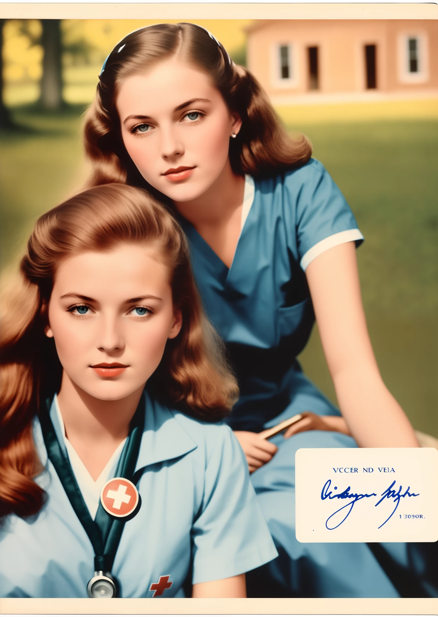 1939, old slightly colored postcard, a -year-old g wom with long strawberry blonde hair and hazel eyes. Wearing a nurse uniform. signed with a handwritten signature "Vicky"