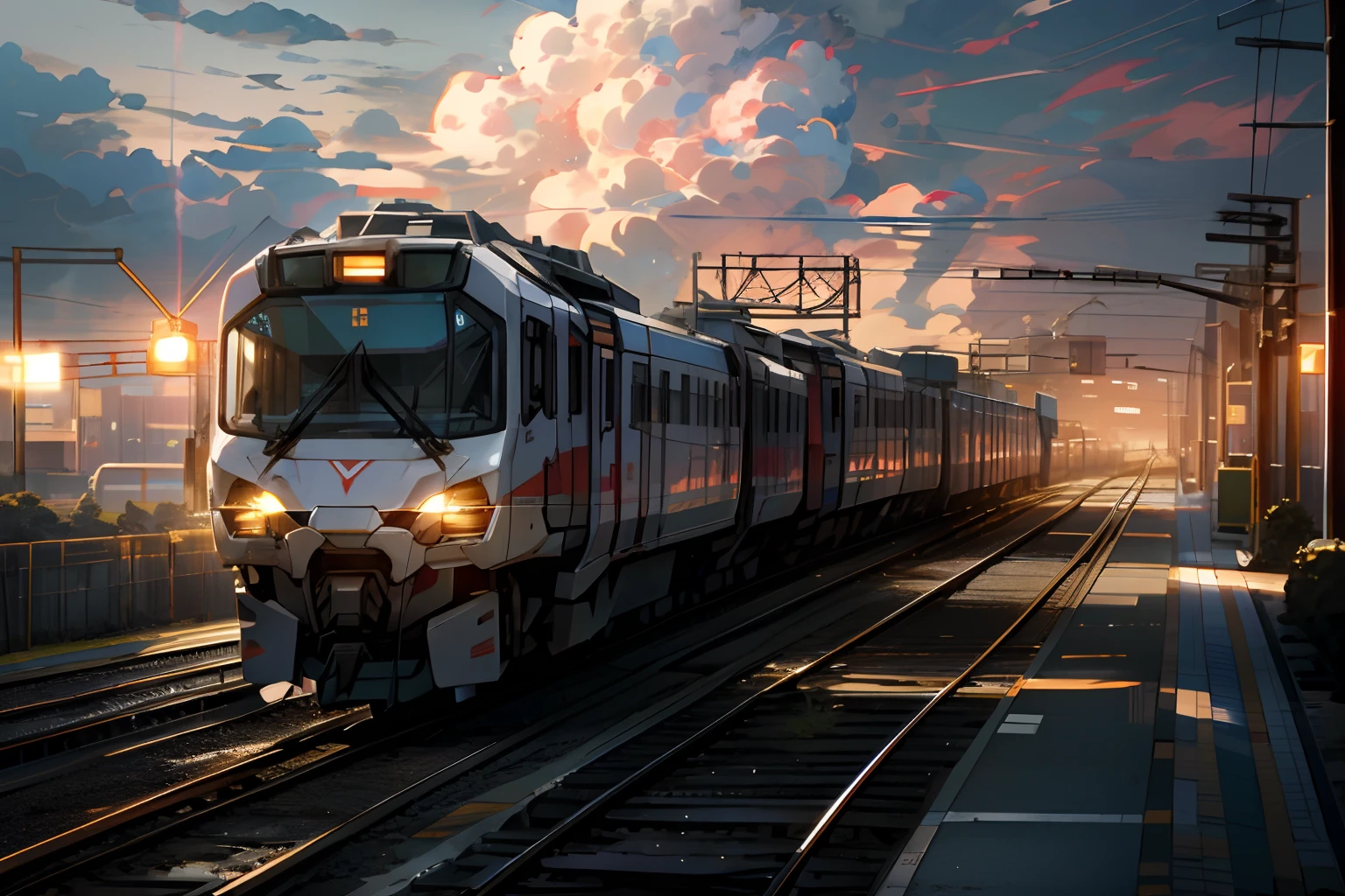 Skysky，​​clouds，lightning，gundam-styled Train,The waist is recovered，no_humans，with light glowing，buliding，glowing lights，mecha train，scientific fiction，城市，Realistis，mecha train