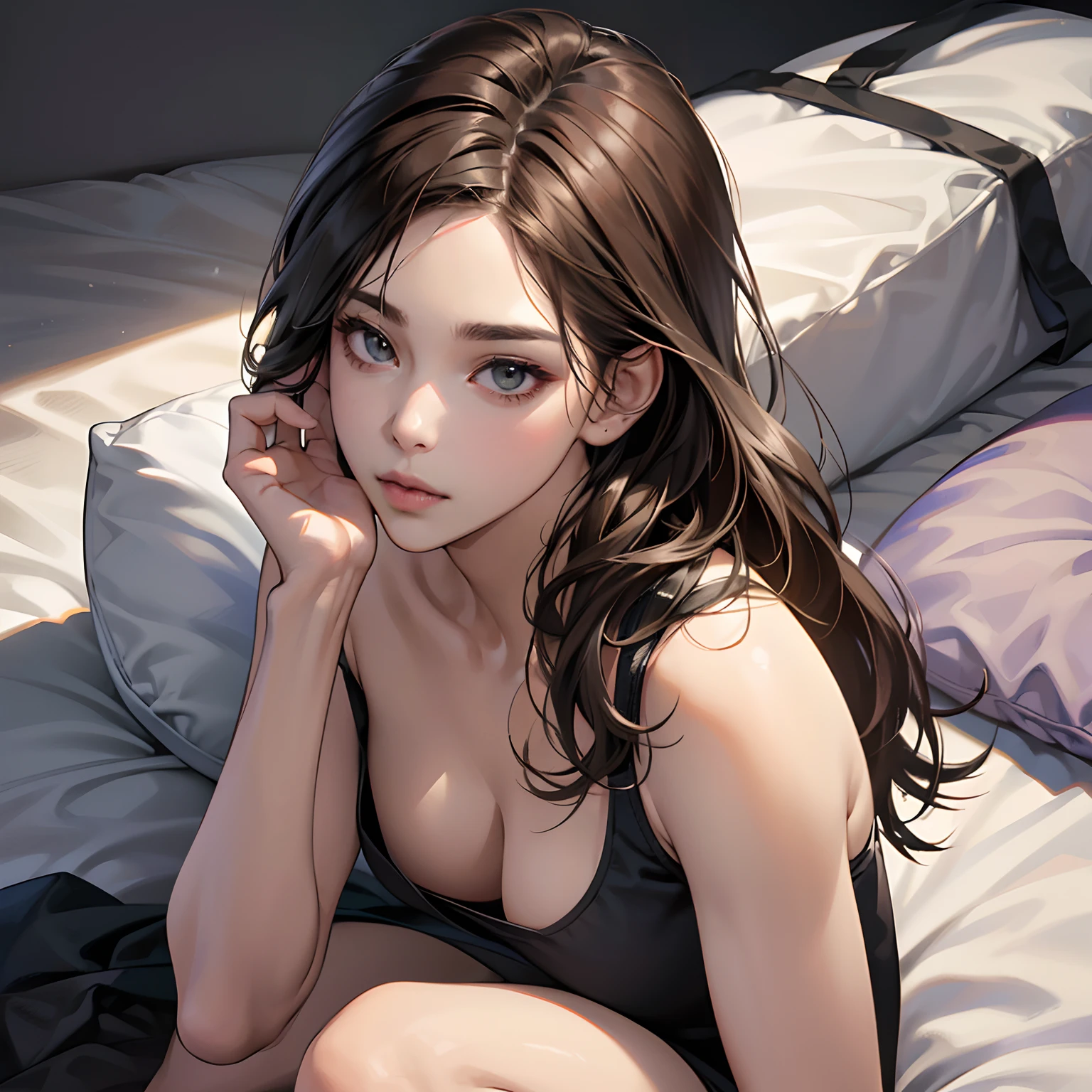 ((Realistic lighting, best qualtiy, 8K, tmasterpiece:1.3)), foco nítido:1.2, 1girll, Beautiful Women in Perfect Figure:1.4, Slim abs:1.1, ((dark brown hair,boobgasm:1.9)),Bedrooms,Lie down,Ultra-fine face,Fine eyes,二重まぶた,