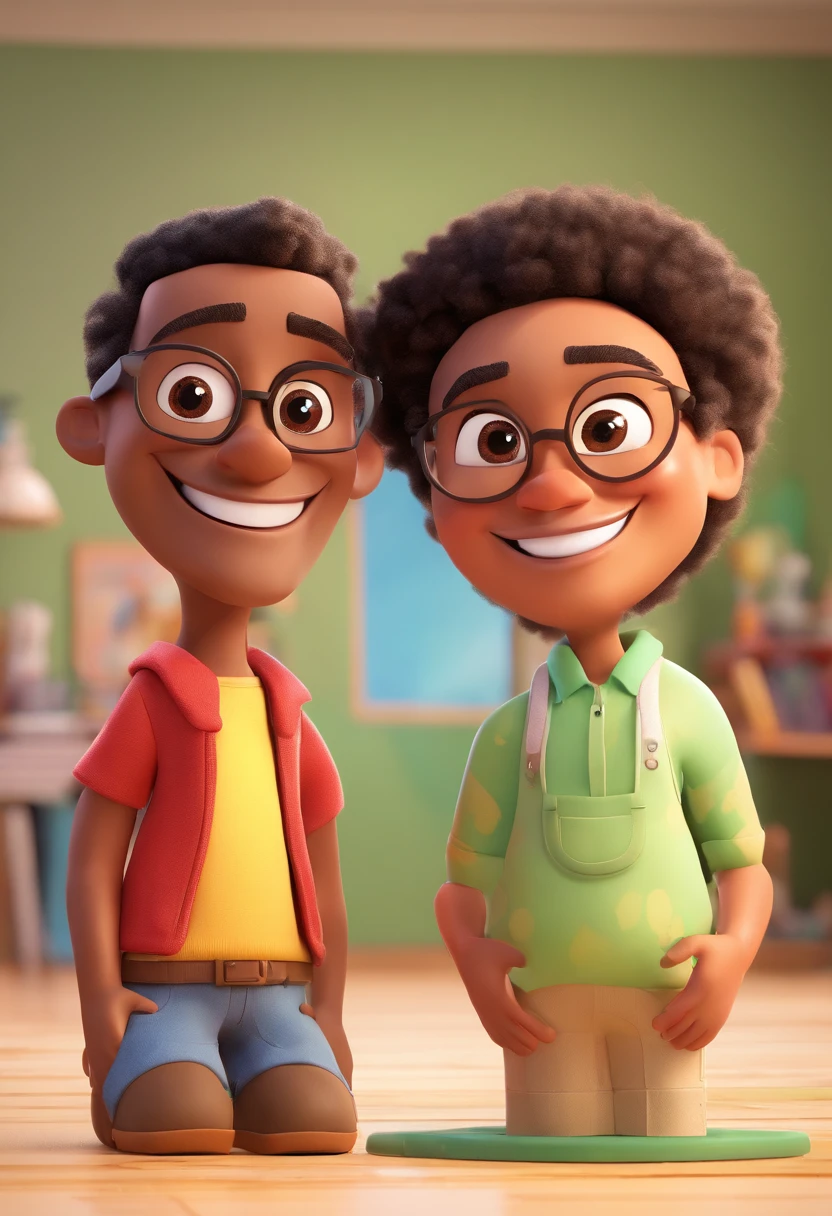 An illustration of an adorable couple, Highlight for a chubby mulatto man with glasses smiling and a brunette woman with beautiful expressive eyes - the man's skin is mulatto and the man's hair haswhile the woman's skin is black and the woman's hair is straight and brown. They are a bright room, cada um com um sorriso no rosto, e compartilhar um momento especial caracterizado pelo amor, Insights. Illustrate this scene from a perspective where they are facing the camera, Smiling and Showing Your Connection. Desenvolva esta arte em Full HD, Focus on your cinematic touch, Estilo Disney Pixar Animations