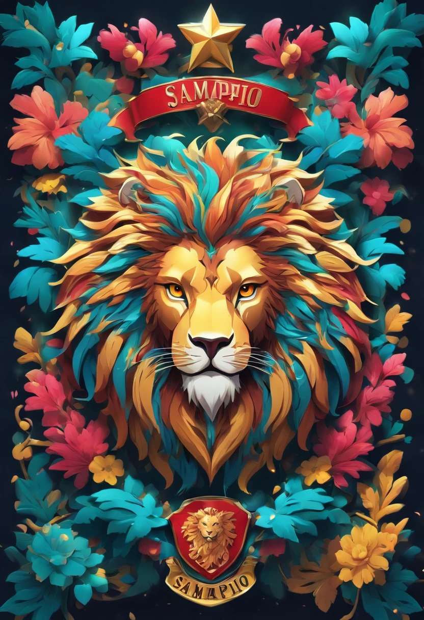 Design a unique coat of arms with the3d name "Sampaio family", incorporating 3d vibrant colors and a powerful lion symbol.