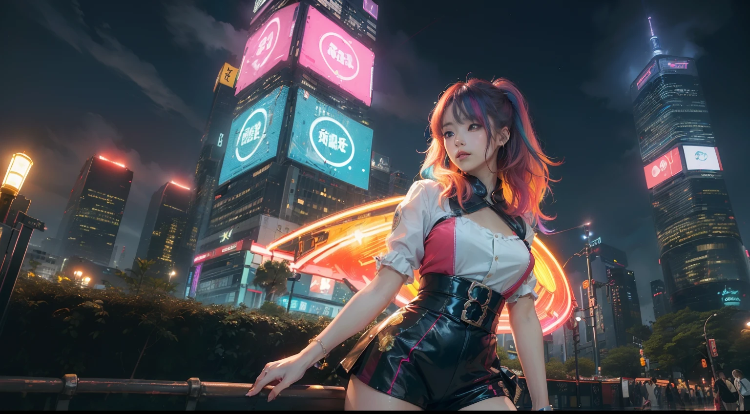 (realisitic,Photorealsitic:1.4),(1 beauty:1.3),(beautiful countenance:1.5),Detailed shiny skin,A detailed eye,Precise hands and fingers,8K HDR, , masterpiece, (Dynamic Angle Video),电影灯光, Finely drawn backgrounds,accurate fingers,(Cumulonimbus sky,Tokyo in the middle of summer,colorful neon,Multicolored lighting,Sci-fi cityscape,Skyscrapers:1.3),韓国アイドル,Sash blouse,colourful hair,Complex hairstyle,You can see the starry sky,Kicked up pose,Thighs are attractive,
