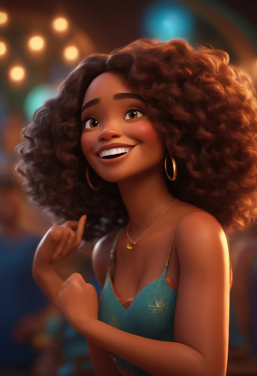 Pixar style image with 3D character mulatto woman medium straight hair dancing, Maquiagem Disney,Pescador, bonitinho, sorridente ,Close-up, Pixar, Disney, Cinema lighting, engenheira