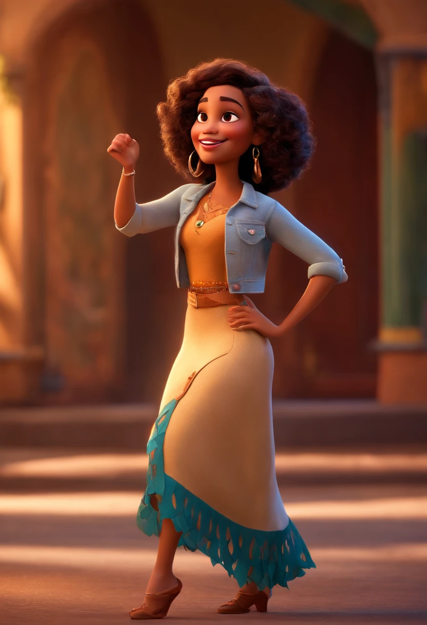 Pixar style image with 3D character mulatto woman medium straight hair dancing, Maquiagem Disney,Pescador, bonitinho, sorridente ,Close-up, Pixar, Disney, Cinema lighting, engenheira