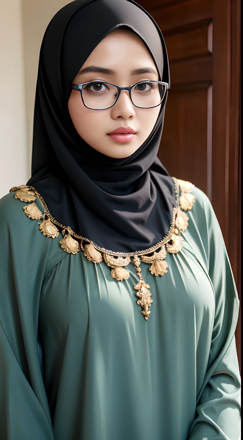 (iu:0.8), RAW, Best quality, high resolution, Masterpiece: 1.3, Beautiful glasses hijabi javanese woman in mythical, Masterpiece, Perfect slim body, Beautiful big eyes, Soft smile