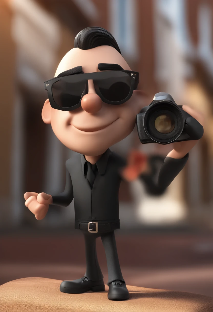 Cartoon character of a man wearing black glasses and a black shirt, com chapeu preto modelo panama, com camera DSLR, um personagem animado, Caractere estilizado, animation style rendering, 3D estilizado, 3 d render stylized, toon render keyshot, Personagem 3D, Personagem 3D, 3d rendering stylized, 3 d character render, personagem de desenho animado, Personagem de close up, Pose de personagem, (Estilo Pixar) (master part:1.2) (Bokeh) (best quality) (pele detalhada) (textura detalhada) (8k) (argila) (Cinematic lighting) (foco nítido,Senta e vaza a parte superior do corpo
