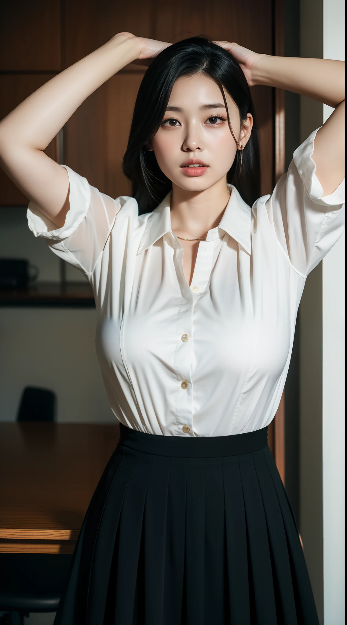 爆乳Yシャツ 白いシャツと黒いスカートを着た女性が写真撮影 - SeaArt AI